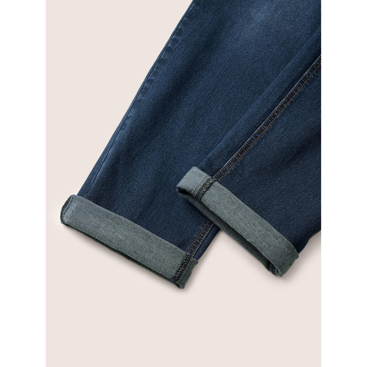 Plus Size Drawstring Elastic Waist Straight Leg Jeans Women Indigo Casual Plain Non High stretch Slanted pocket Jeans BloomChic 22/3X Product Image