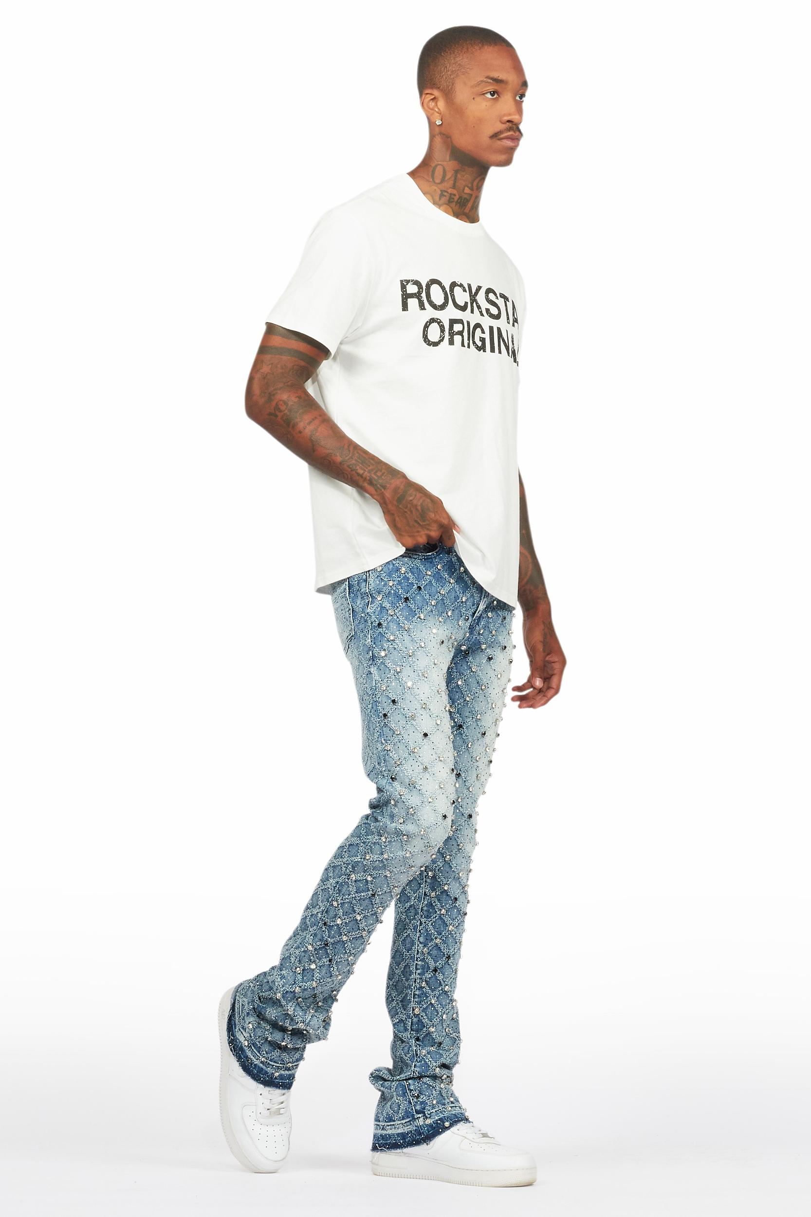 Glit Dark Blue Rhinestone Stacked Flare Jean Male Product Image