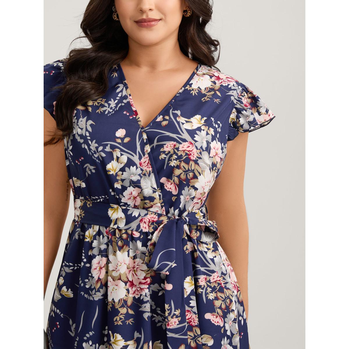 Plus Size Midnight Blooms Wrap A-Line Midi Dress Navy Women Romantic Overlap Collar Cap Sleeve Curvy BloomChic 28/5X Product Image