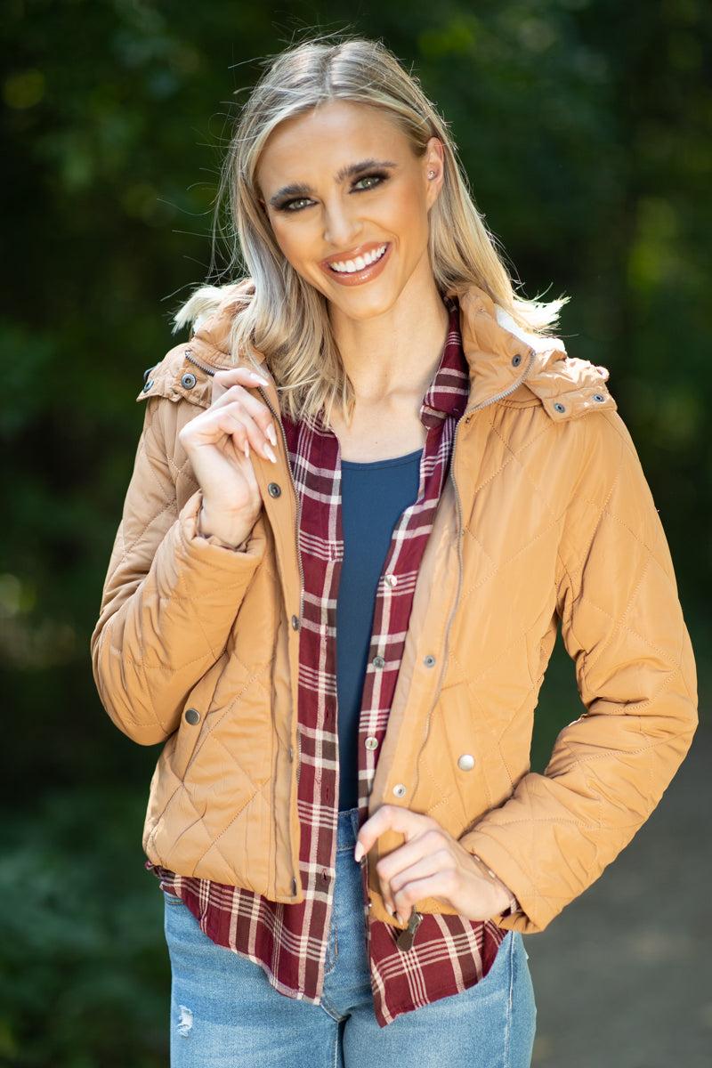Burgundy and Beige Plaid Button Up Top Product Image