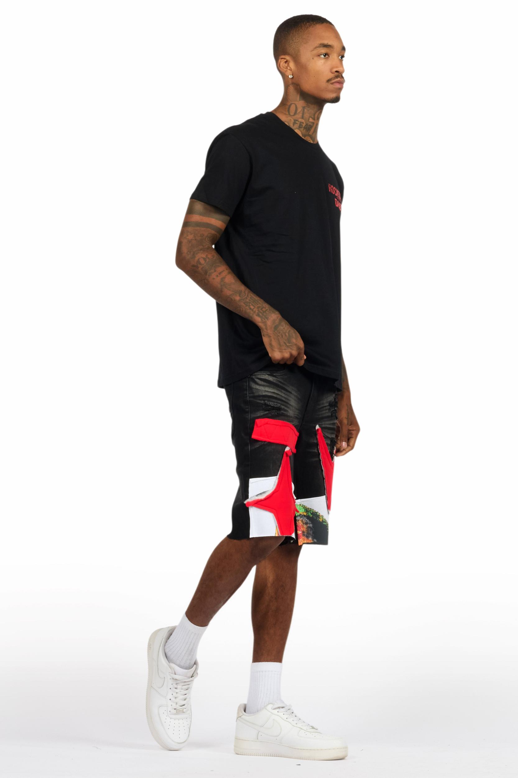 Akos Black/Red T-Shirt/Denim Short Set Male Product Image