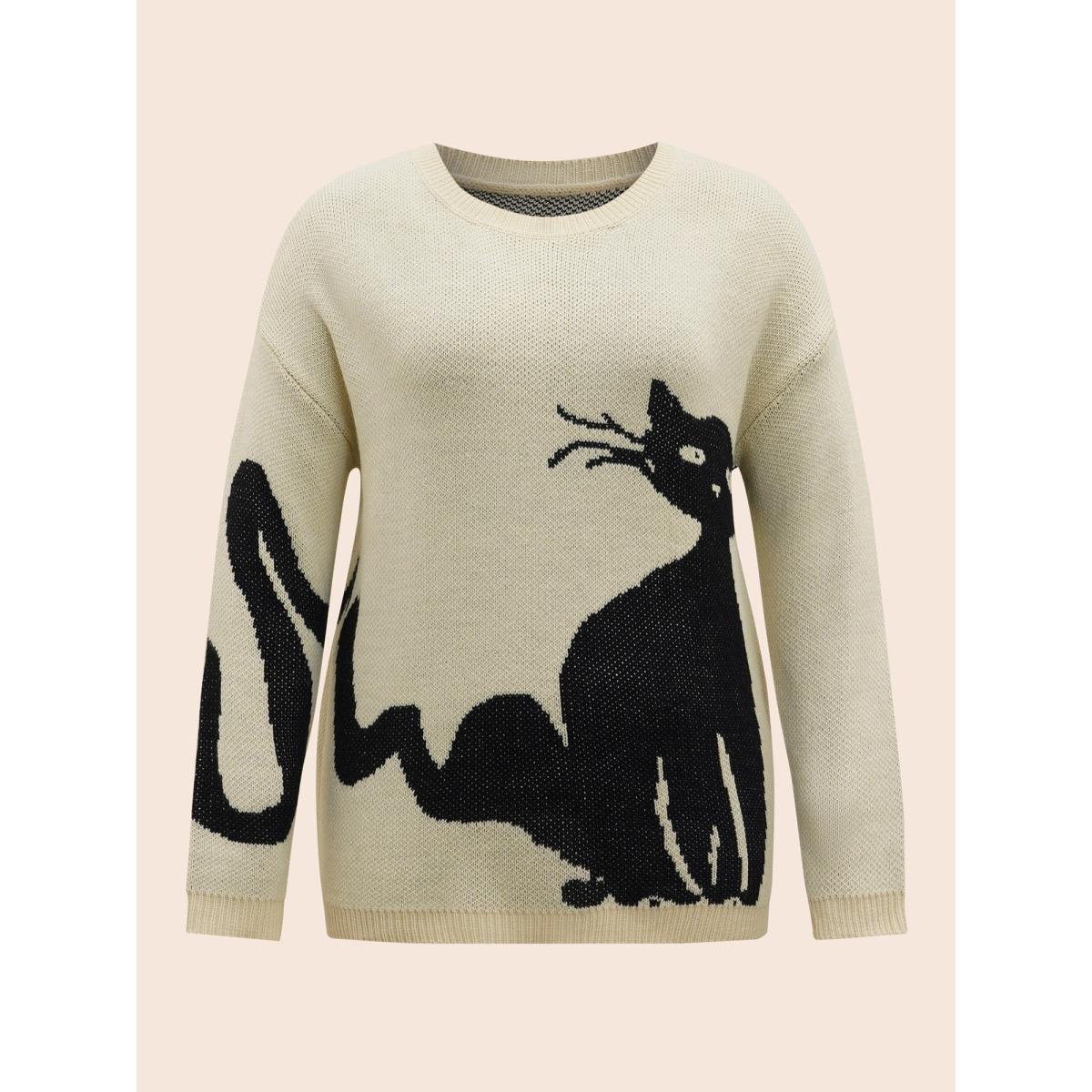 Plus Size Mystic Cat Knit Crew Neck Pullover Originalwhite Women Playful Long Sleeve Round Neck Casual Pullovers BloomChic 12/L Product Image