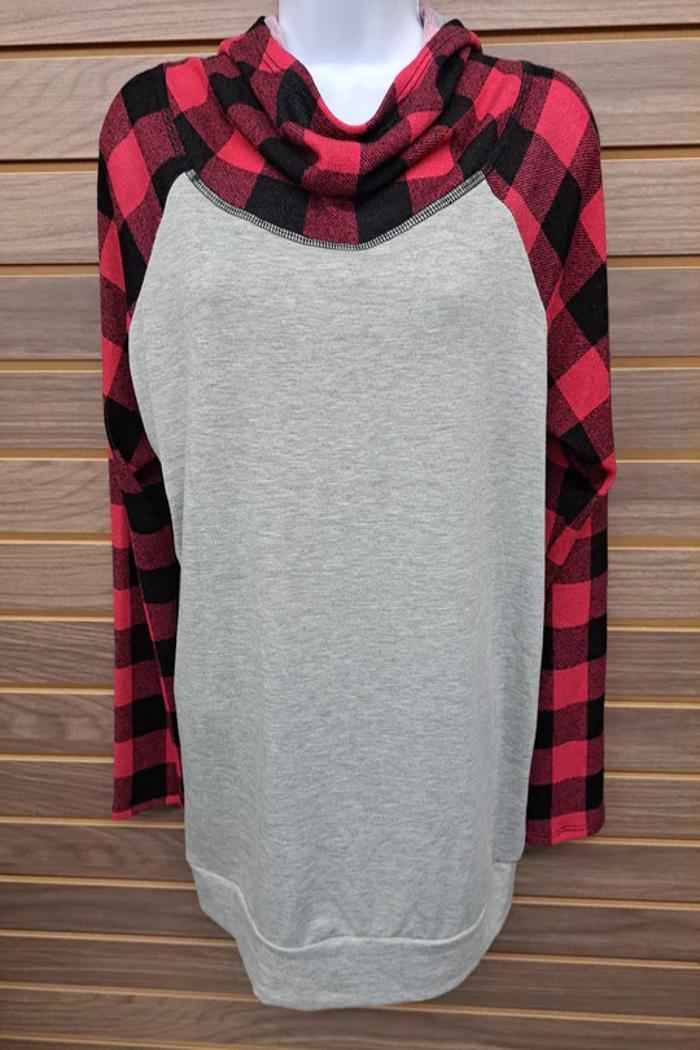 Red/Blk Plaid Gray Hoodie Long Sleeve Product Image