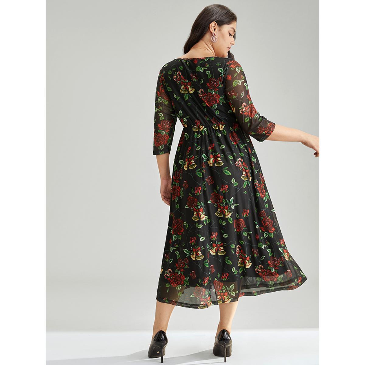 Plus Size Floral Square Neck Mesh Gathered Dress Black Women Office Gathered Square Neck Half Sleeve Curvy Midi Dress BloomChic 22-24/3X Product Image