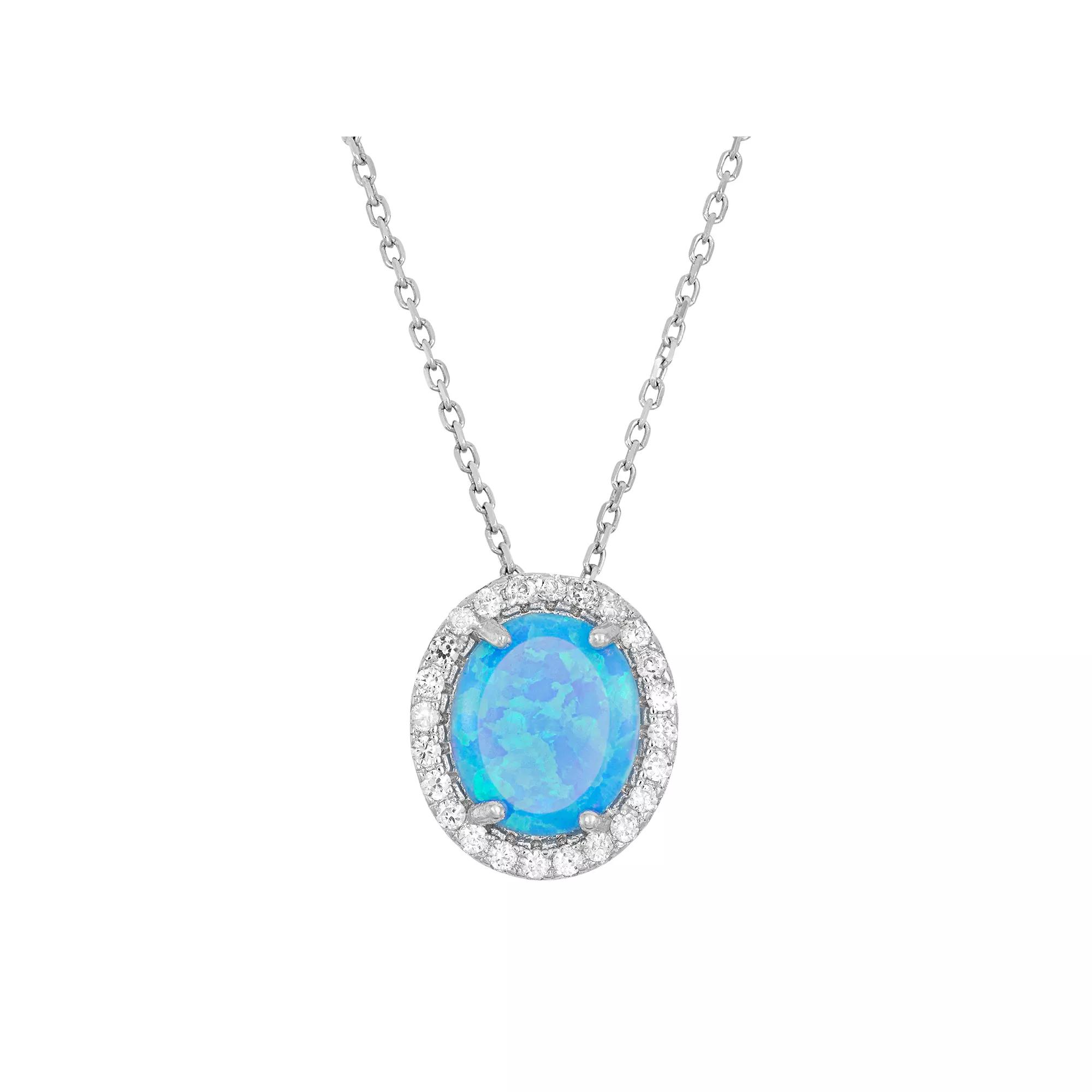 Lab-Created Blue Opal & Cubic Zirconia Sterling Silver Oval Halo Pendant Necklace, Women's, Size: 18" Product Image