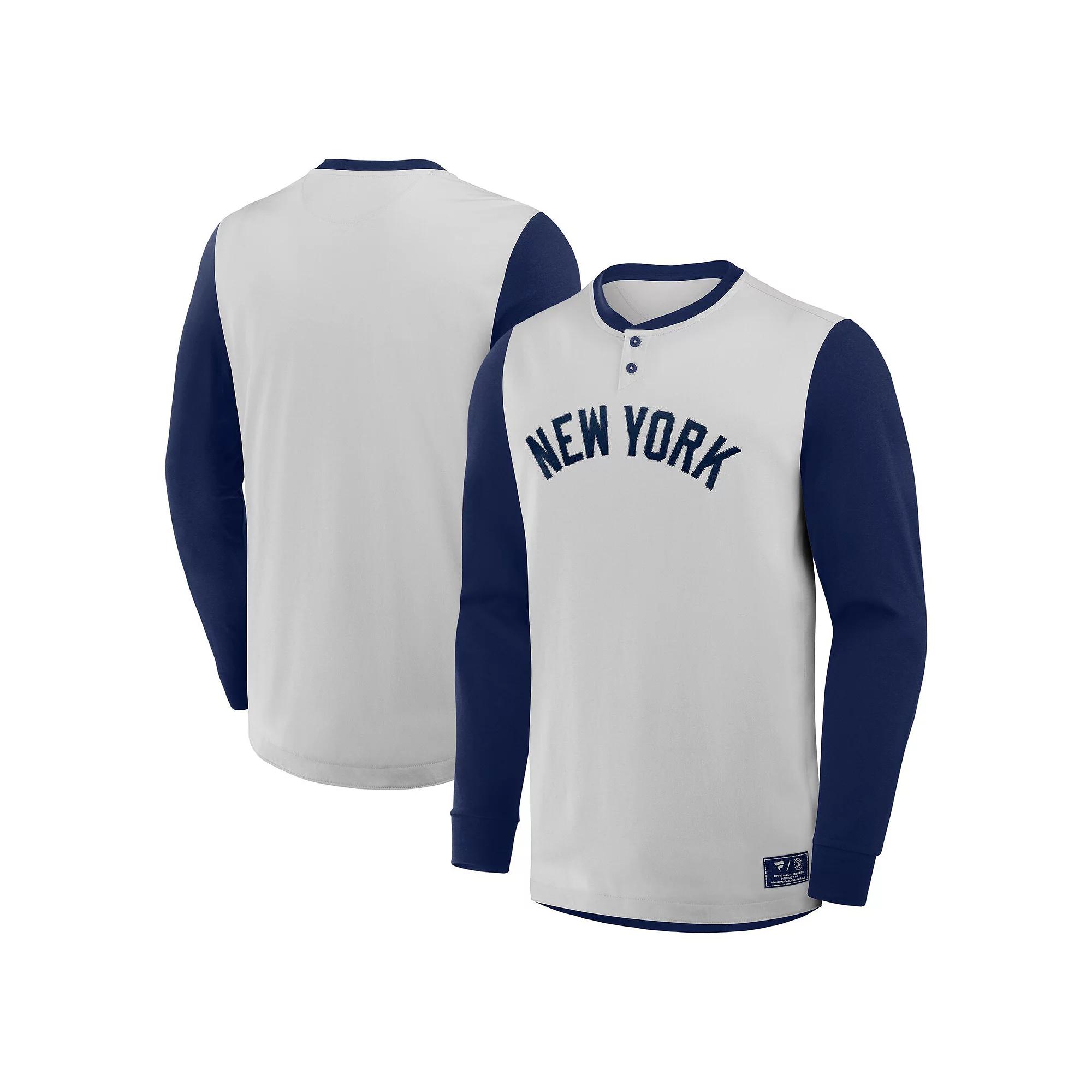Men's Fanatics Gray/Navy New York Yankees Clubhouse Long Sleeve Henley Shirt, Size: Large, Grey Product Image