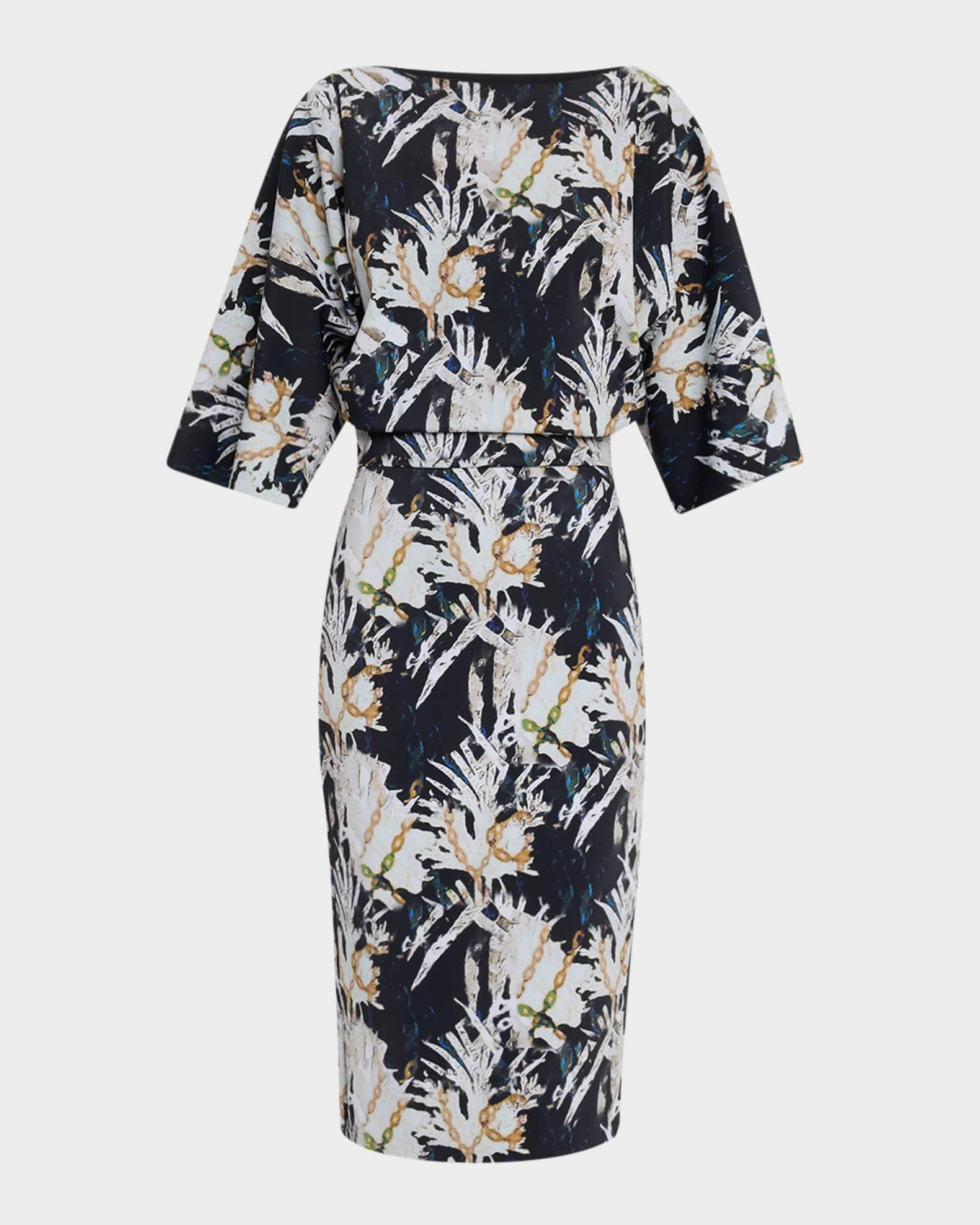 Abstract-Print Blouson Midi Dress Product Image