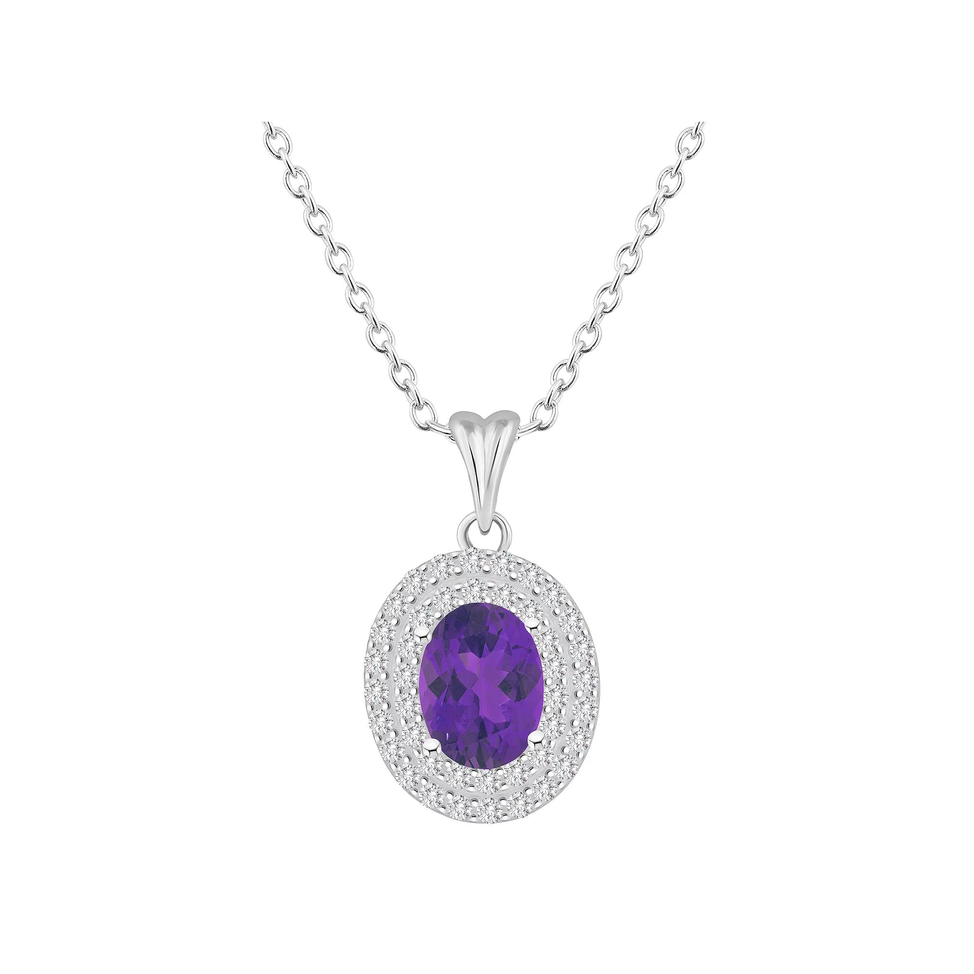 Celebration Gems Sterling Silver Oval-Cut Amethyst & White Topaz Double Halo Pendant Necklace, Women's, Size: 18" Product Image