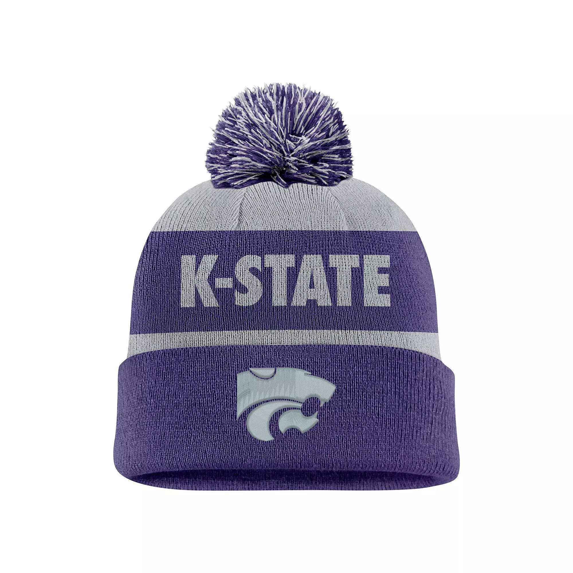 Men's Nike Gray/Purple Kansas State Wildcats Peak Stripe Cuffed Knit Hat with Pom, Grey Product Image