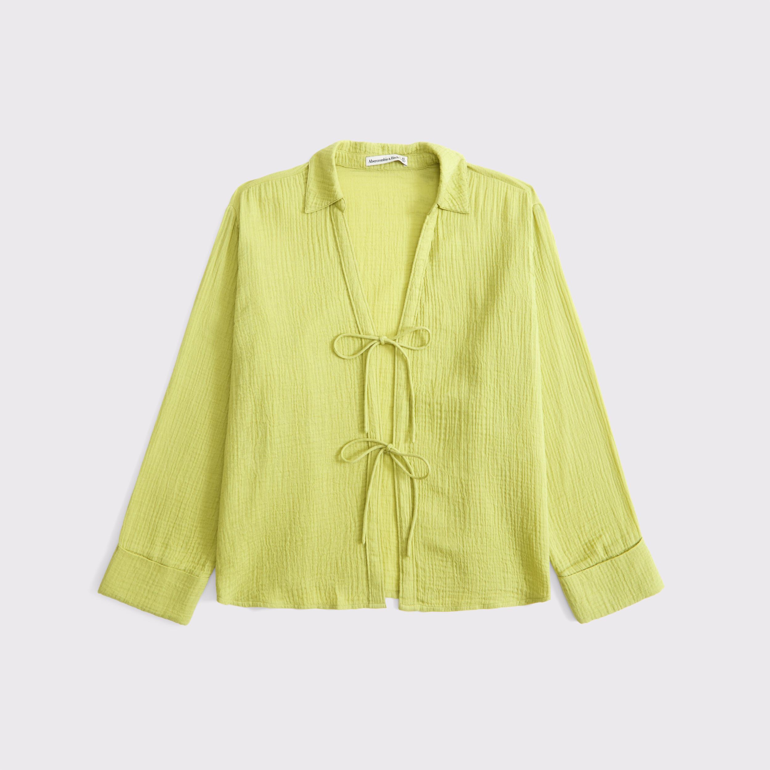 Long-Sleeve Oversized Tie-Front Gauzy Shirt Product Image