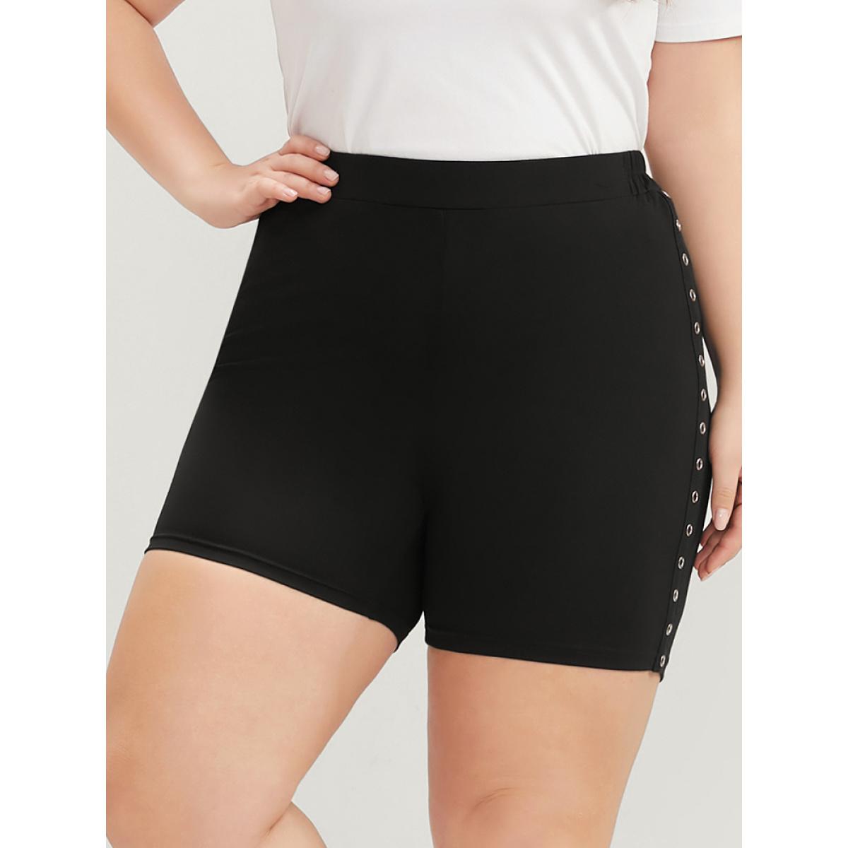 Plus Size Plain Studded Detail Elastic Waist Shorts Women Black Casual Low stretch Skinny High Rise Dailywear Leggings BloomChic 10/M Product Image