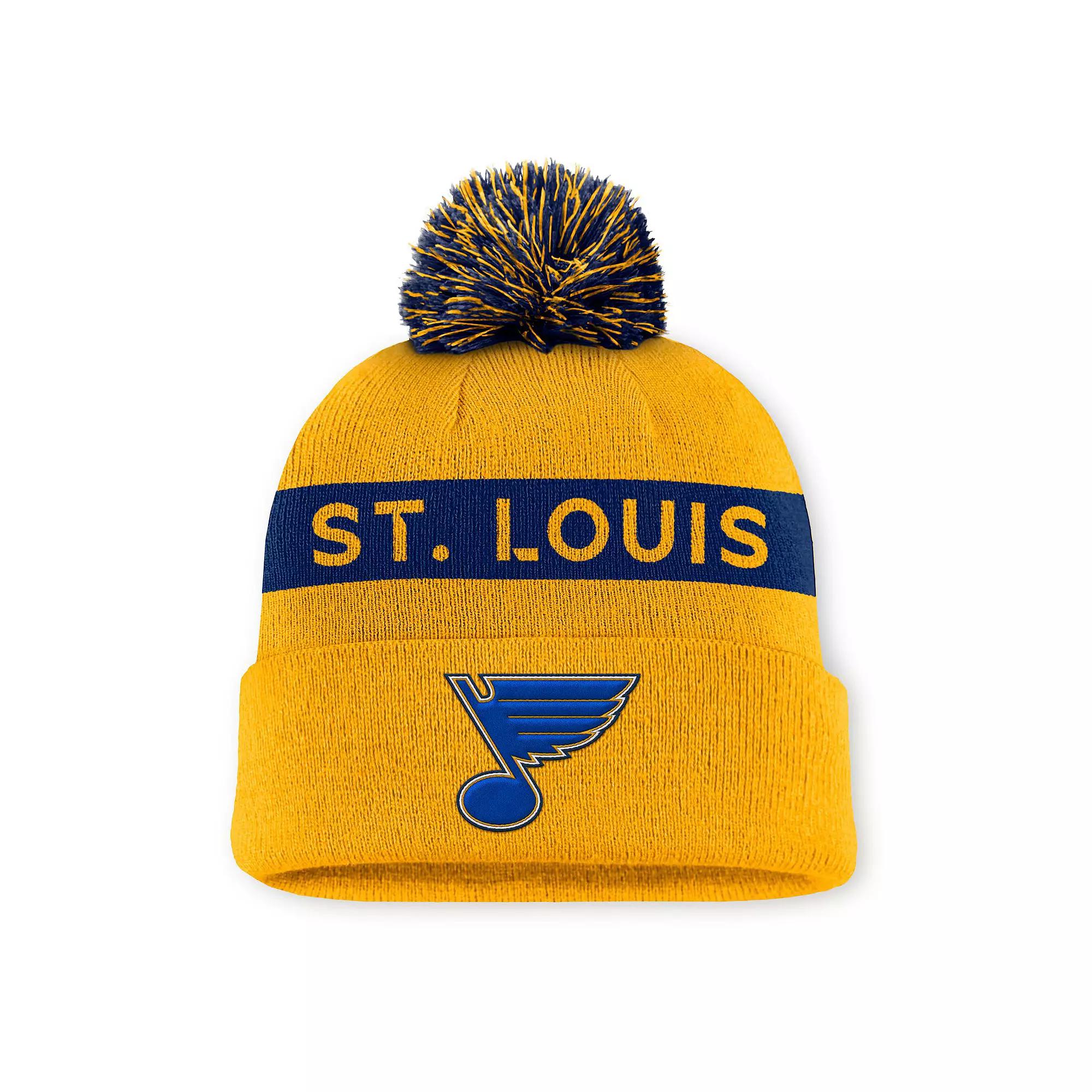 Women's Fanatics Gold/Navy St. Louis Blues Authentic Pro Rink Cuffed Knit Hat with Pom Product Image