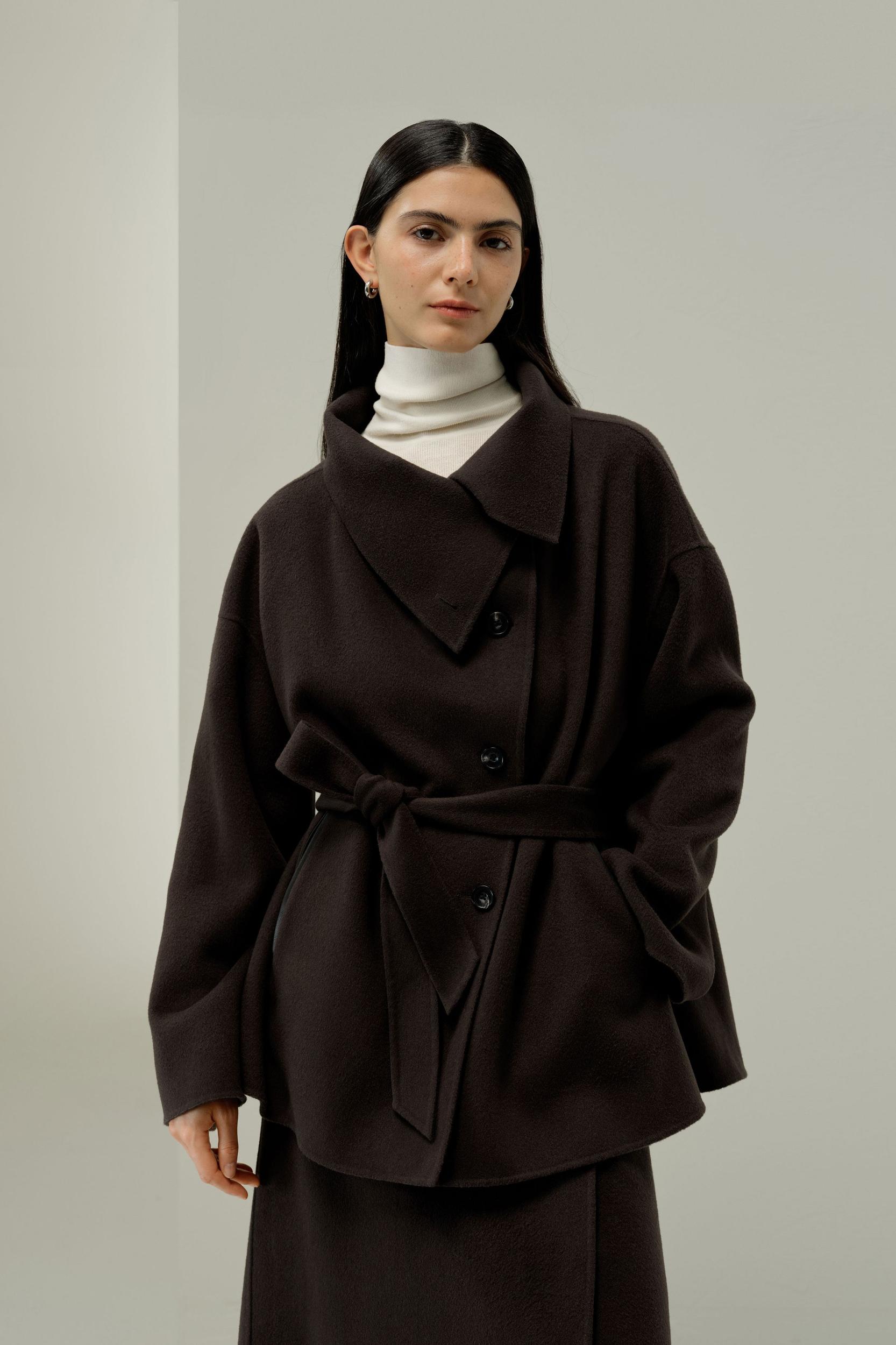 Convertible Collar Silk-Wool Blend Coat Product Image