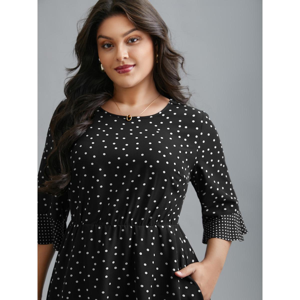 Plus Size Crew Neck Polka Dot Waist Cinched Dress Black Women At the Office Patchwork Round Neck Elbow-length sleeve Curvy BloomChic 28/5X Product Image