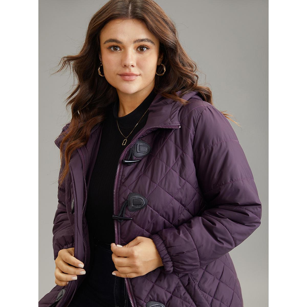 Plus Size Quilted Duffle Button Hooded Pocket Cotton Jacket Women Eggplant Casual Quilting Ladies Dailywear Winter Coats BloomChic 22-24/3X Product Image
