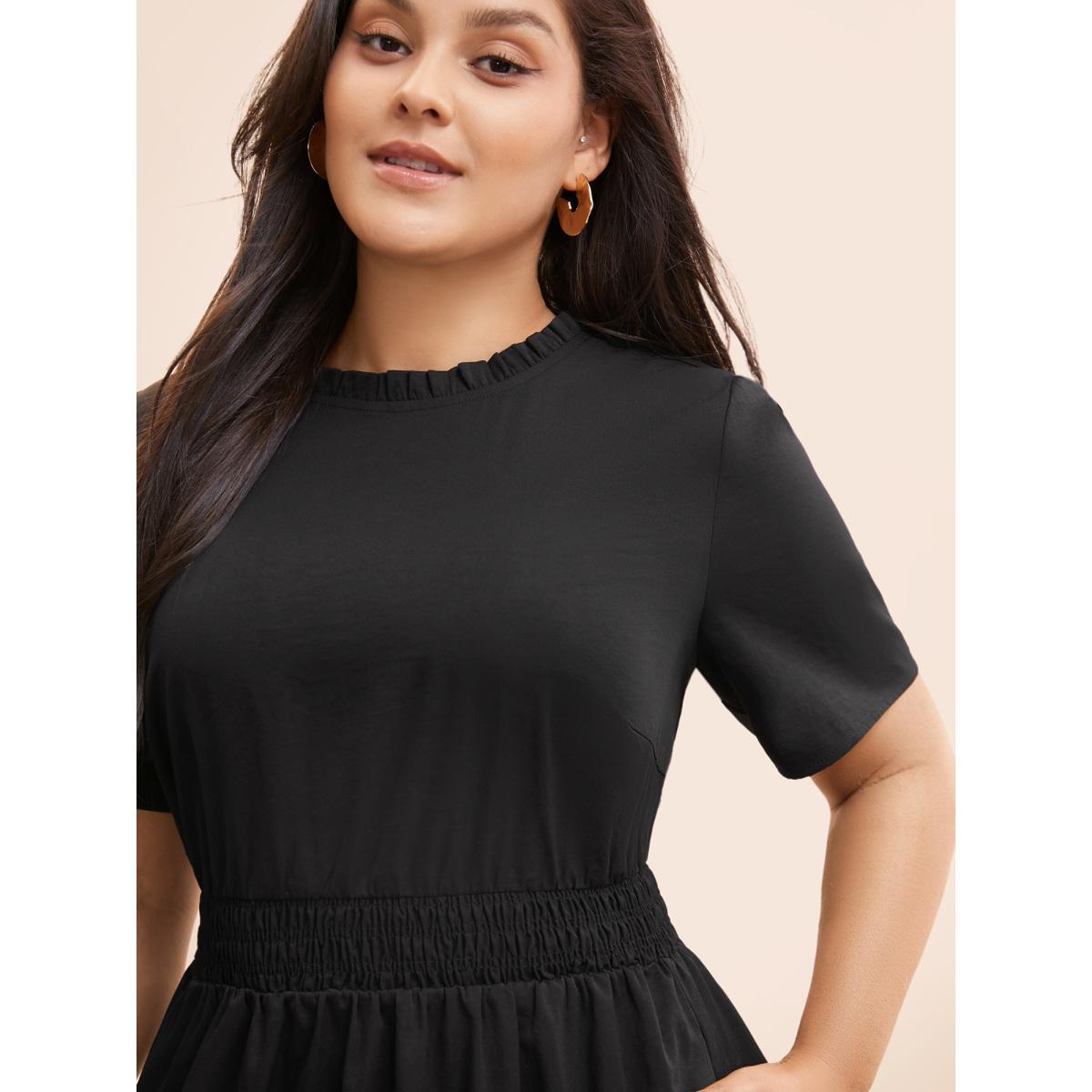 Plus Size Plain Frill Trim Ruffle Layered Hem Dress Black Women Timeless Tucked seam Mock Neck Short sleeve Curvy BloomChic 14-16/1X Product Image