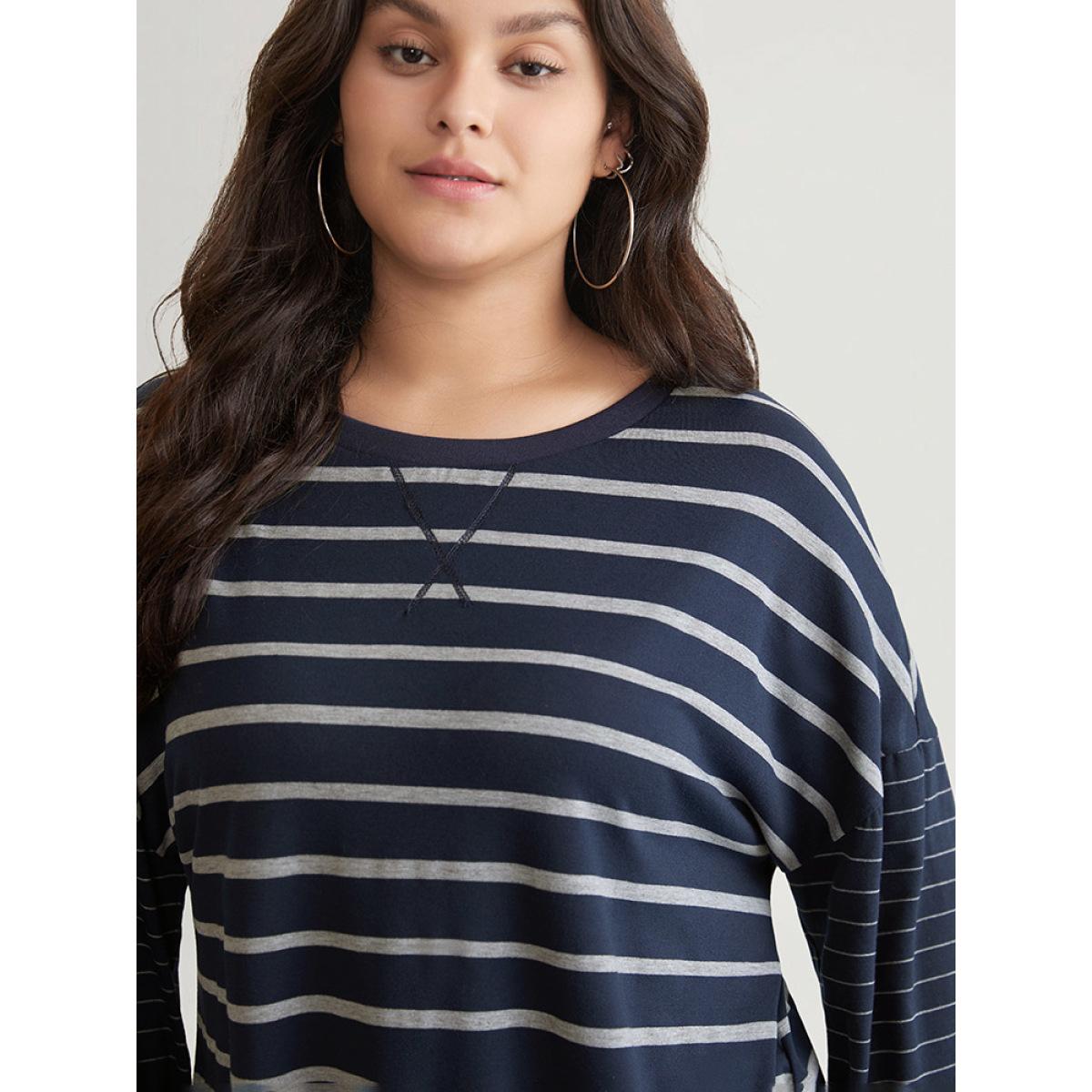 Plus Size Striped Patchwork Curved Hem Stitch T-shirt DarkBlue Women Casual Elastic cuffs Striped Round Neck Dailywear T-shirts BloomChic 18-20/2X Product Image