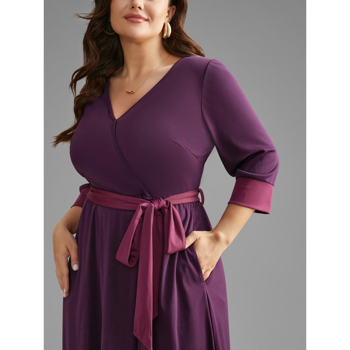 Plus Size Overlap Collar Contrast Belted Midi Dress Deeppurplered Women Elegant Belted Overlap Collar Elbow-length sleeve Curvy BloomChic 18-20/2X Product Image