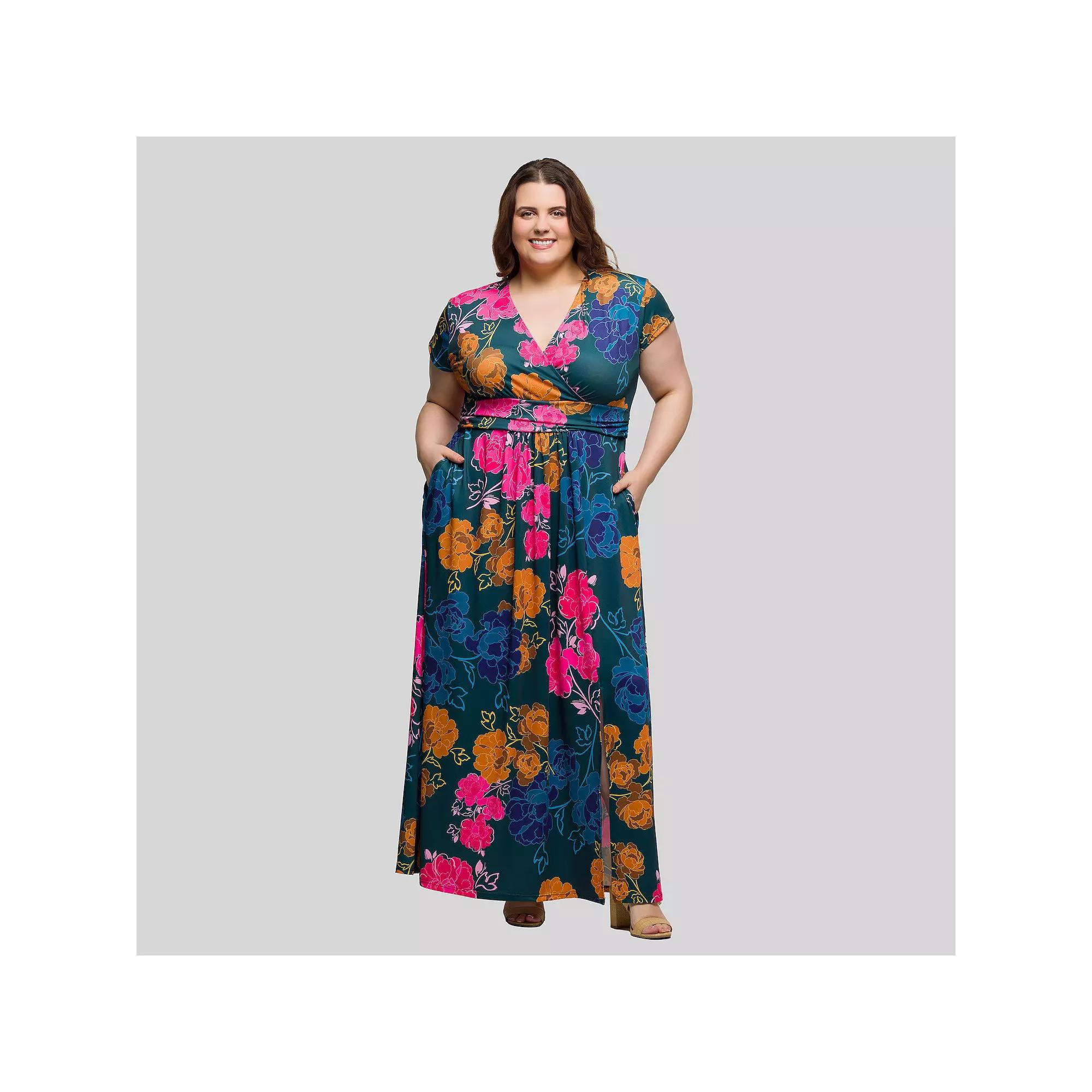 Plus Size 24Seven Comfort Apparel Floral Cap Sleeve Maxi Dress, Women's, Size: 3XL, Green Team Product Image