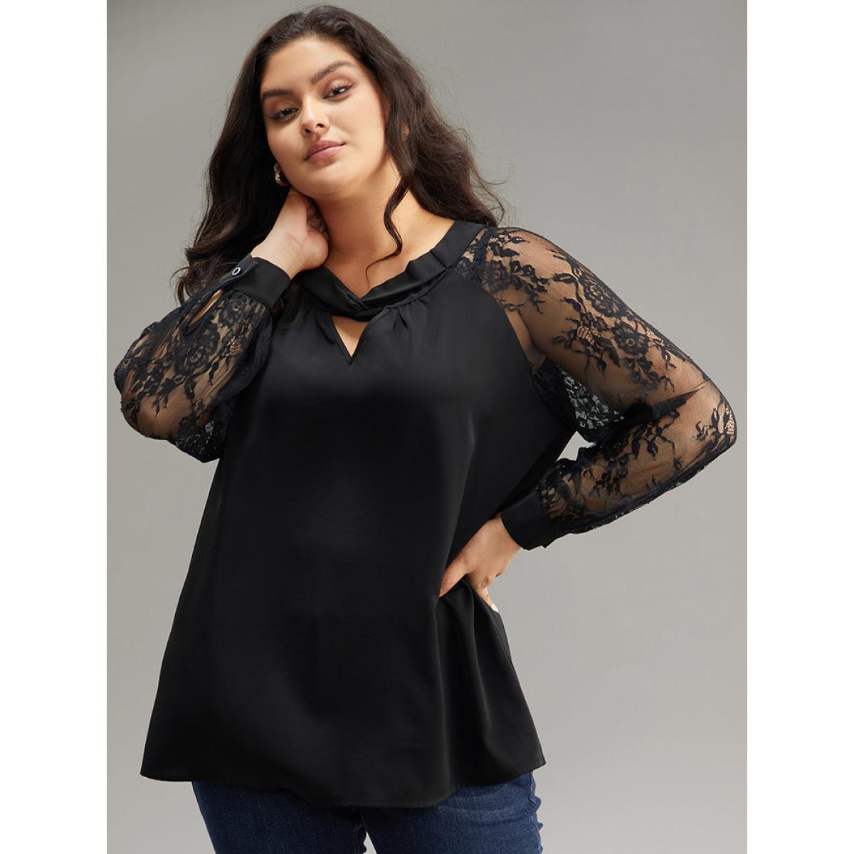 Plus Size Black Anti-Wrinkle Crochet Lace Mesh Keyhole Blouse Women Office Long Sleeve Keyhole Cut-Out Work Blouses BloomChic 28/5X Product Image