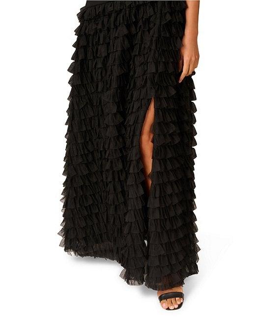 Aidan Mattox Crepe Off-The-Shoulder Neck Short Sleeve Front Slit Mesh Tiered Hem Ball Gown Product Image