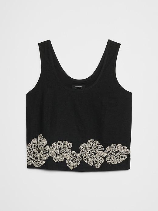 Linen-Blend Embroidered Scoop-Neck Top Product Image