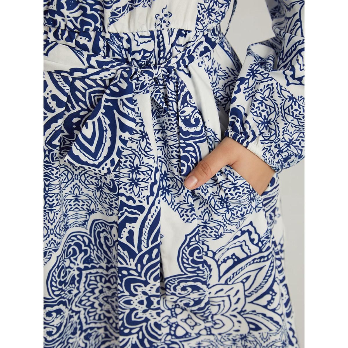 Plus Size Bandana Print Notched Belted Dress Blue Women Vacation Elastic cuffs Notched collar Long Sleeve Curvy Midi Dress BloomChic 22-24/3X Product Image