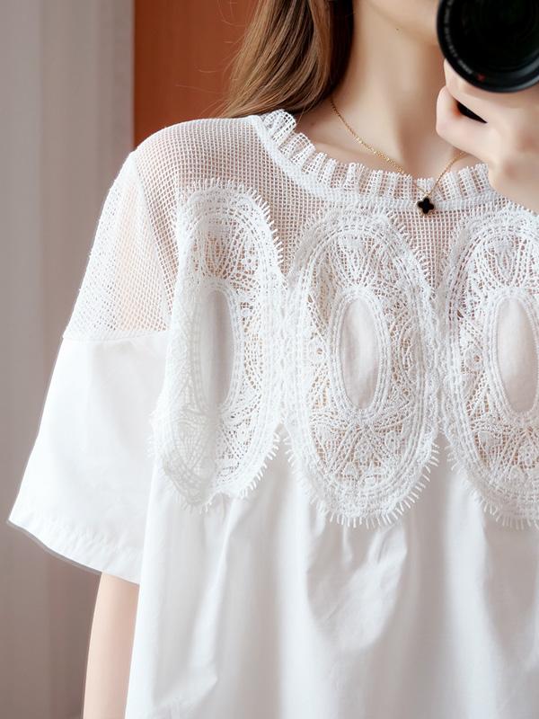 Original Solid Lace Split-Side Short Sleeve A-Line Mini Dress Product Image