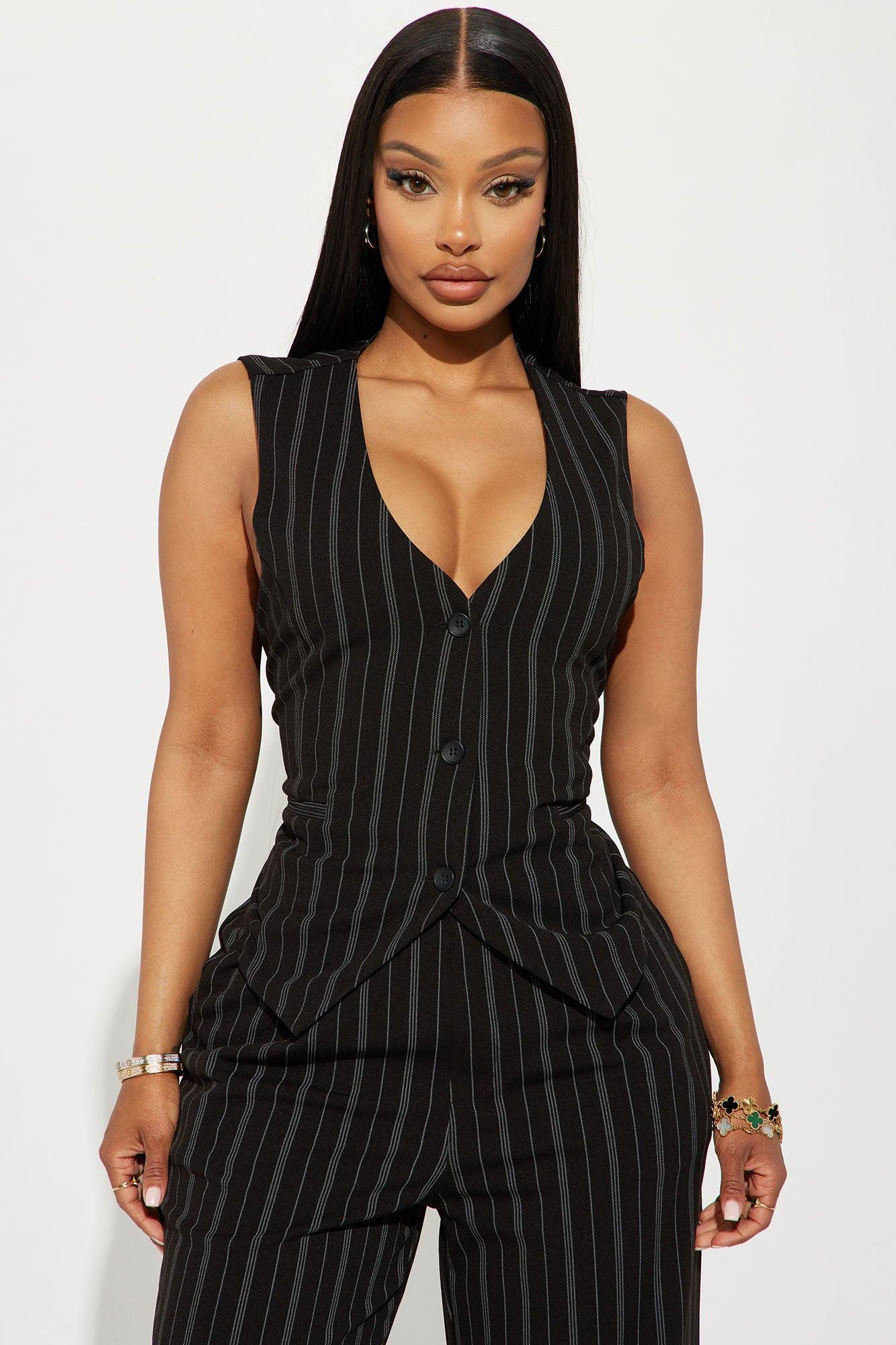 Heidy Pinstripe Vest Pant Set - Black Product Image