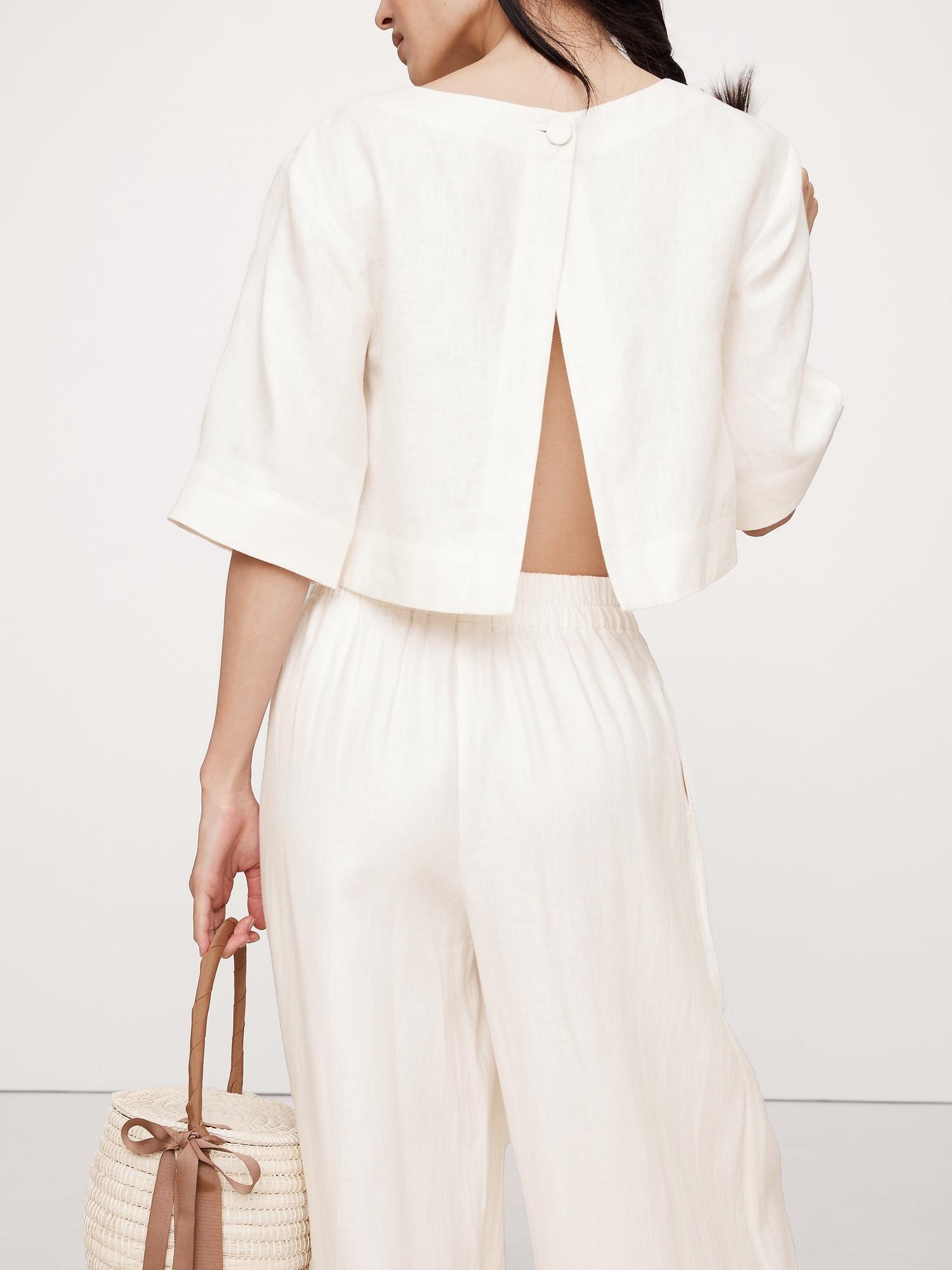 Linen Boat-Neck Cropped Top Product Image