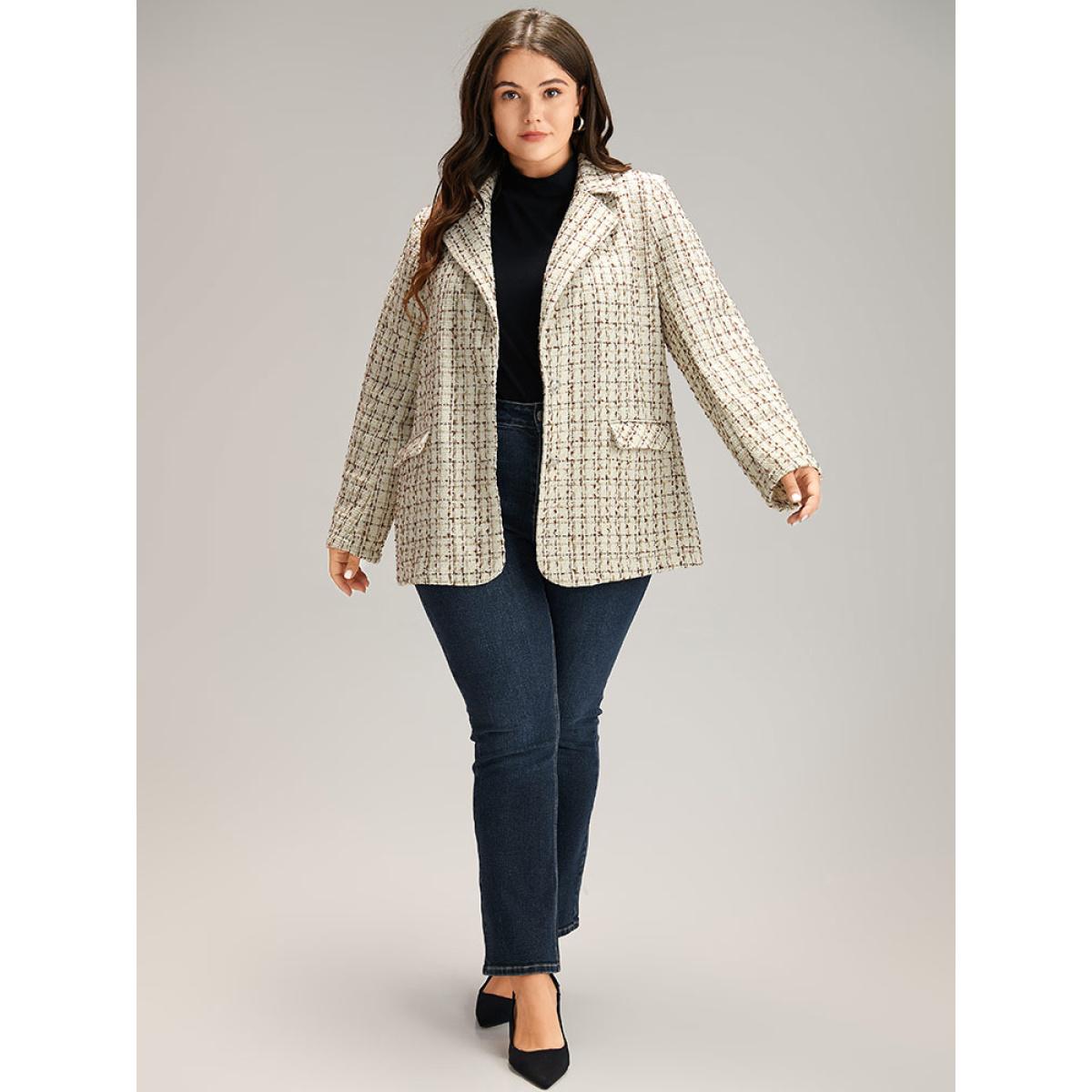 Plus Size Gingham Suit Collar Flap Pocket Blazer Ivory Women Dailywear Gingham Texture Sleeve Long Sleeve Suit Collar 28/5X Pocket Casual Blazers BloomChic Product Image