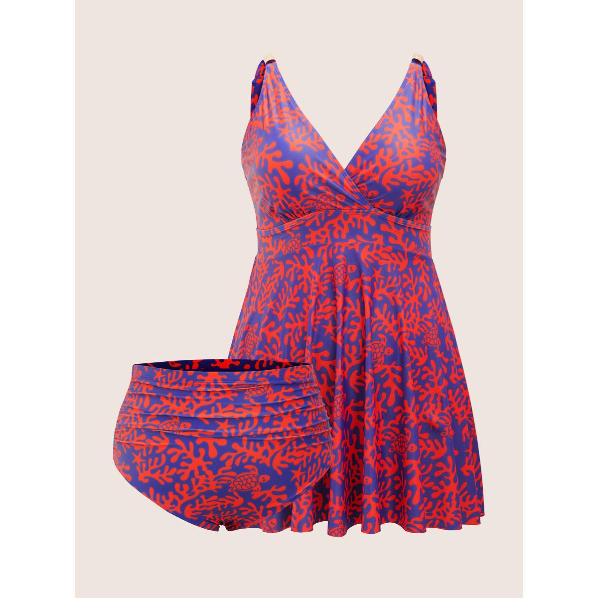 Plus Size Tropical Wrap Bodycon Cami Swim Dress Women's Swimwear DarkBlue Beach Bodycon V-neck High stretch Curve Swim Dresses BloomChic 10/M Product Image