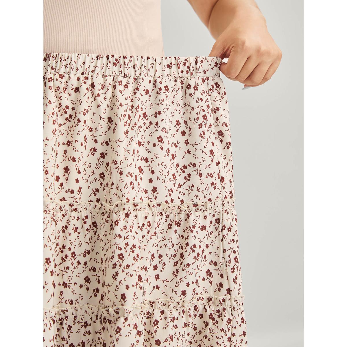Plus Size Ditsy Floral Print Ruffled Midi Skirt Women Apricot Casual Loose No stretch Side seam pocket Everyday-Casual Skirts BloomChic 28/5X Product Image