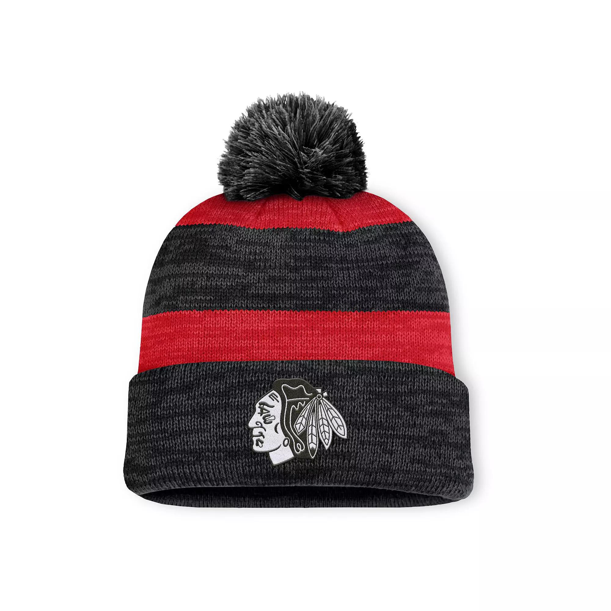 Men's Fanatics Black Chicago Blackhawks Fundamental Red Line Cuffed Knit Hat with Pom Product Image