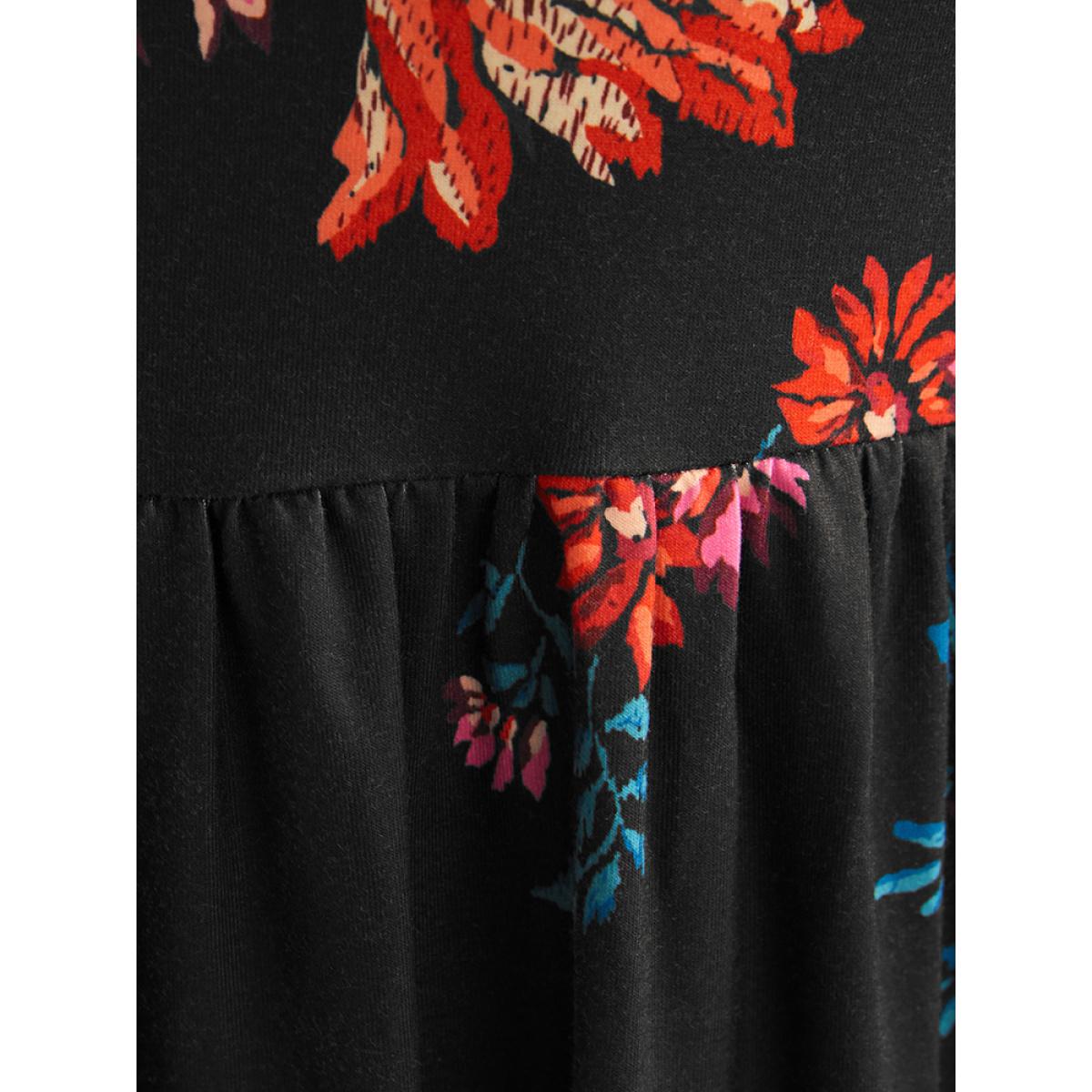 Plus Size Floral Print V Neck Pocket Flutter Hem Dress Without Belt Multicolor Women Elegant Pocket V-neck Long Sleeve Curvy Midi Dress BloomChic 18-20/2X Product Image