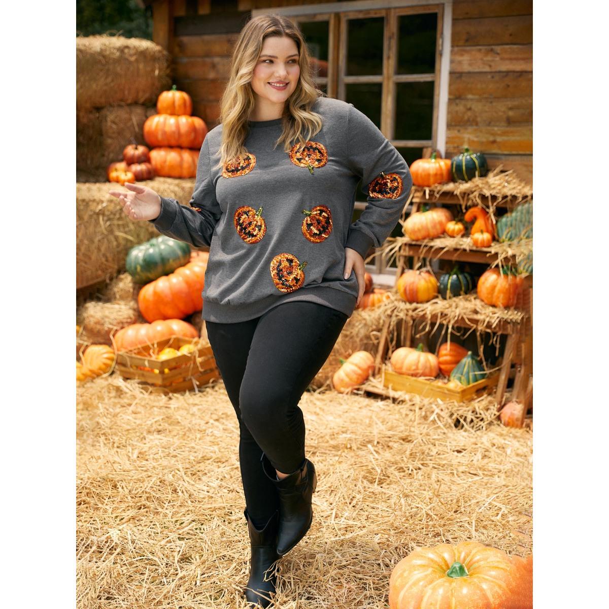 Plus Size Jack-O-Lantern Sequin Sweatshirt Women DimGray Casual Contrast Loose Round Neck Everyday Sweatshirts BloomChic 14-16/1X Product Image