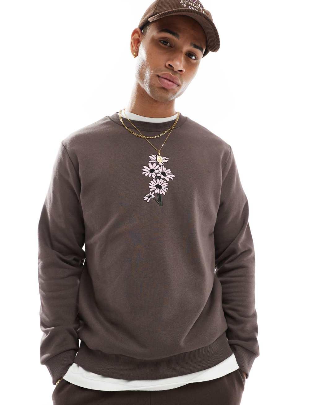 Jack & Jones oversized sweat with daisy embroidery in brown Product Image