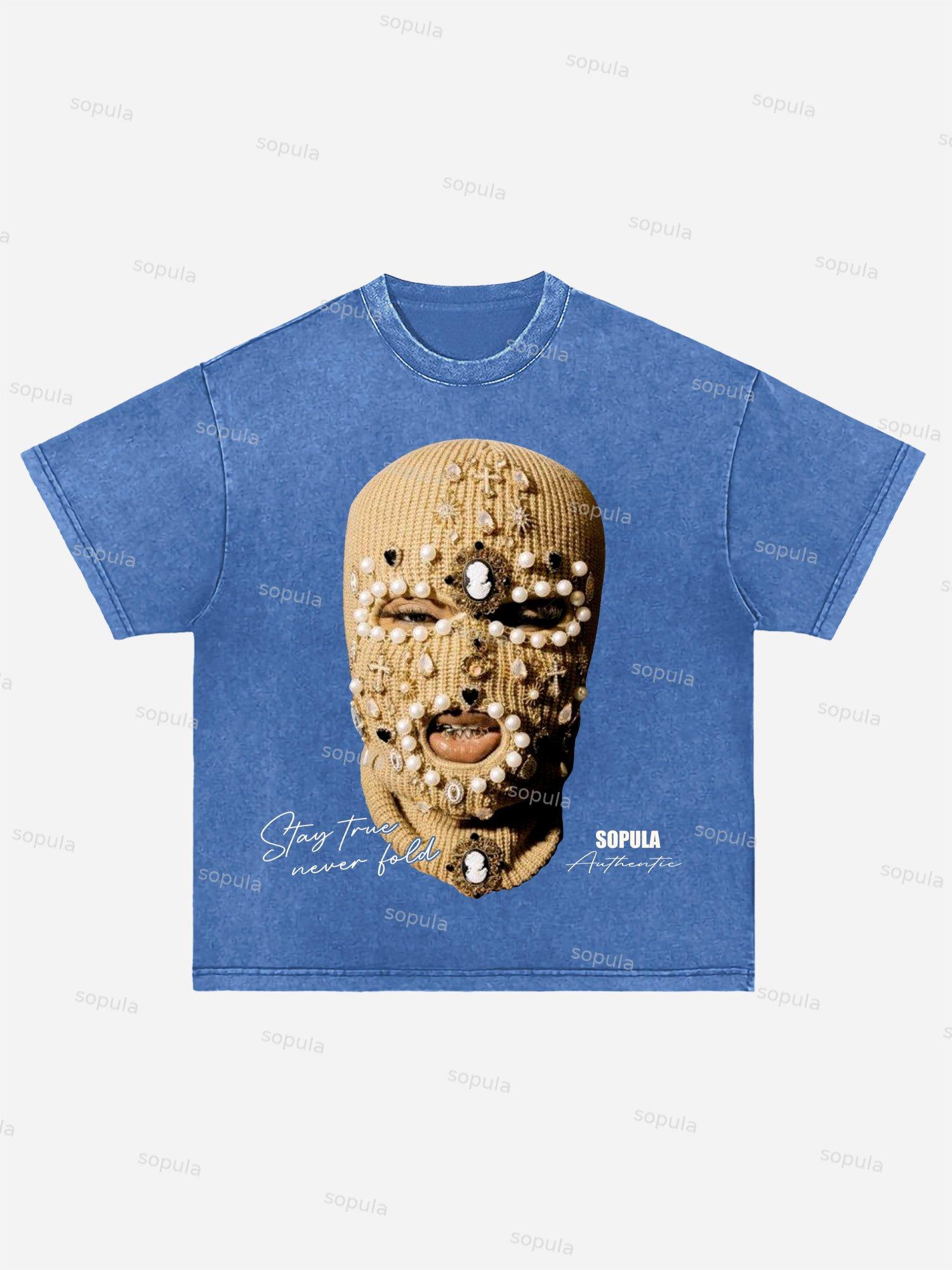 Sopula Gangster Jewelry Mask Portrait Graphic Acid Wash T-shirt Product Image