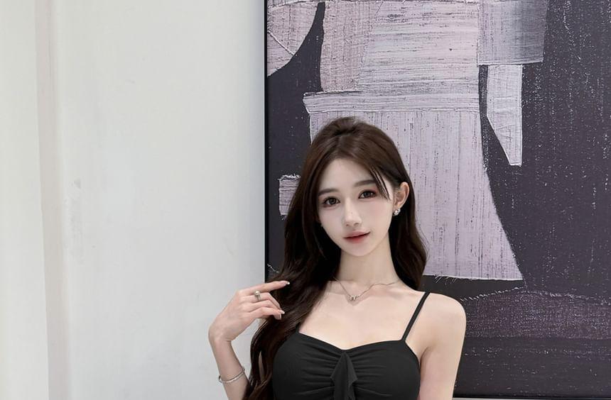 Spaghetti Strap Plain Ruffled Mini Mesh Bodycon Dress Product Image