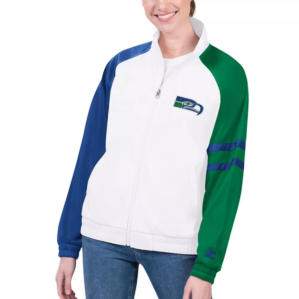 Women's Starter White Seattle Seahawks Curve Ball Raglan Full-Zip Track Jacket,  Product Image