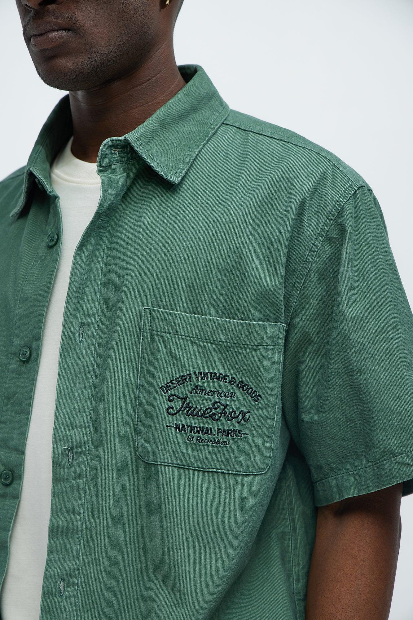 Retro Embroidered Corduroy Short Sleeve Shirt - Green Product Image