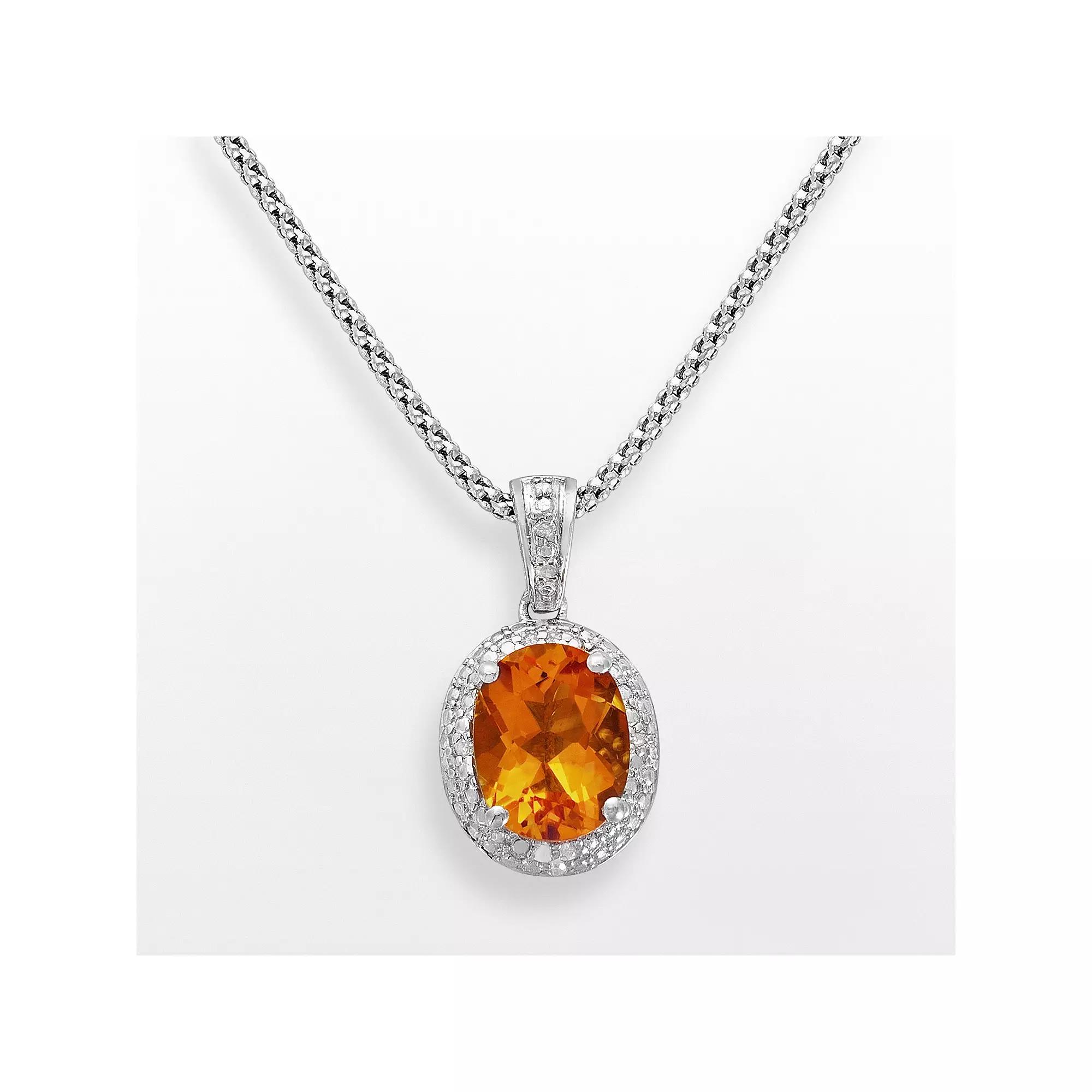 Sterling Silver Citrine and Diamond Accent Oval Frame Pendant, Women's, Size: 18", Orange Product Image
