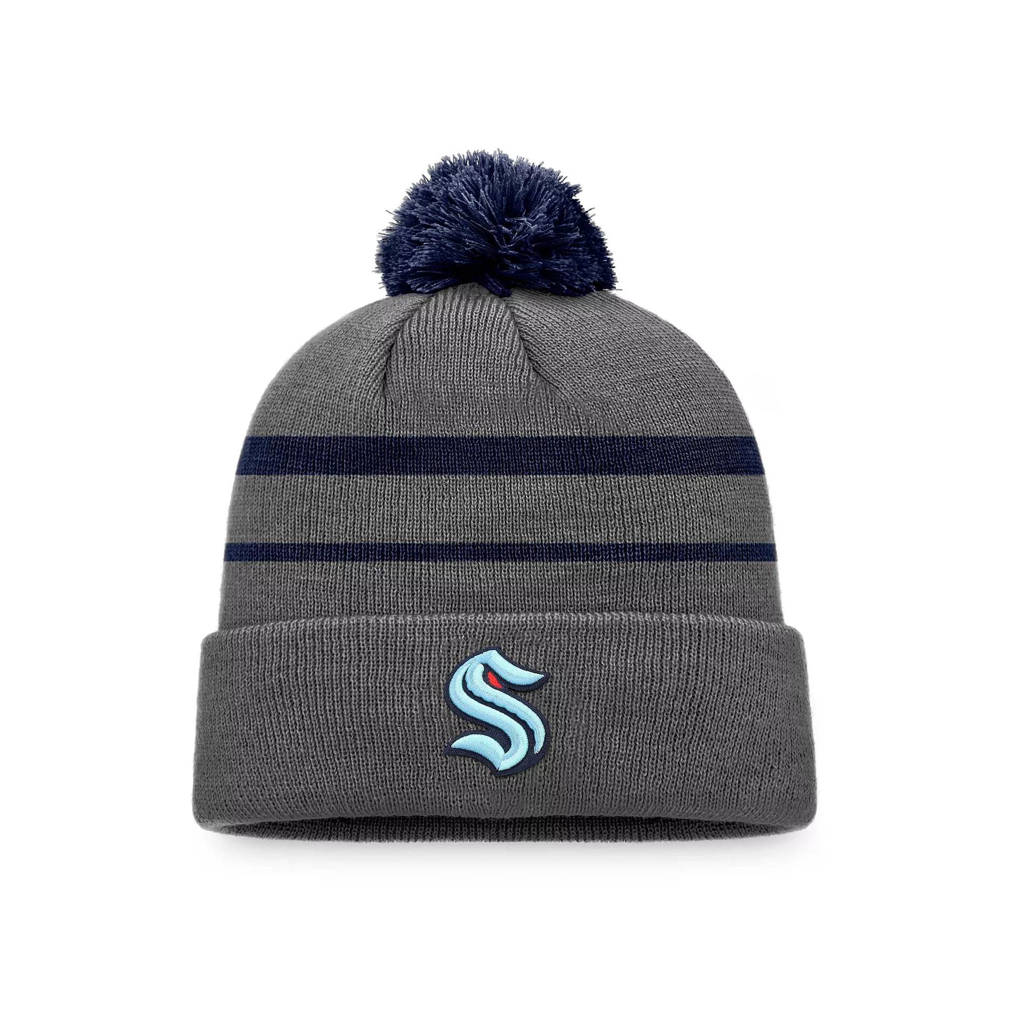 Men's Fanatics Branded Charcoal/Deep Sea Blue Seattle Kraken Cuffed Knit Hat with Pom, Krk Charco Product Image