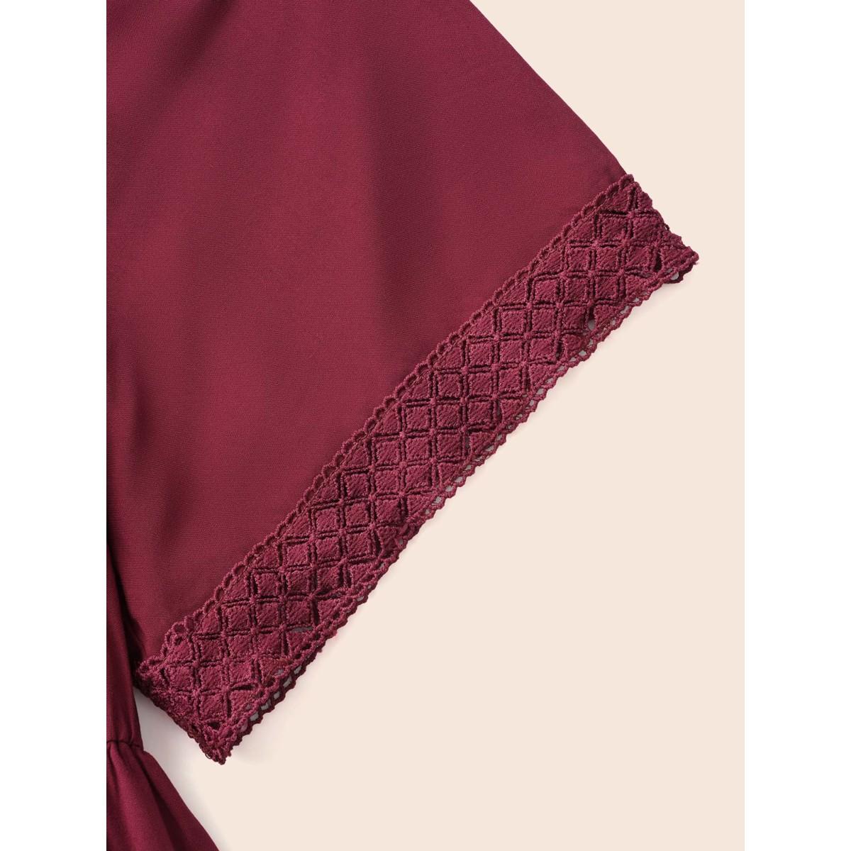 Plus Size Plain Off Shoulder Lace Trim Ruffle Hem Dress Burgundy Women Resort Woven ribbon&lace trim One-shoulder neck Half Sleeve Curvy BloomChic 28/5X Product Image