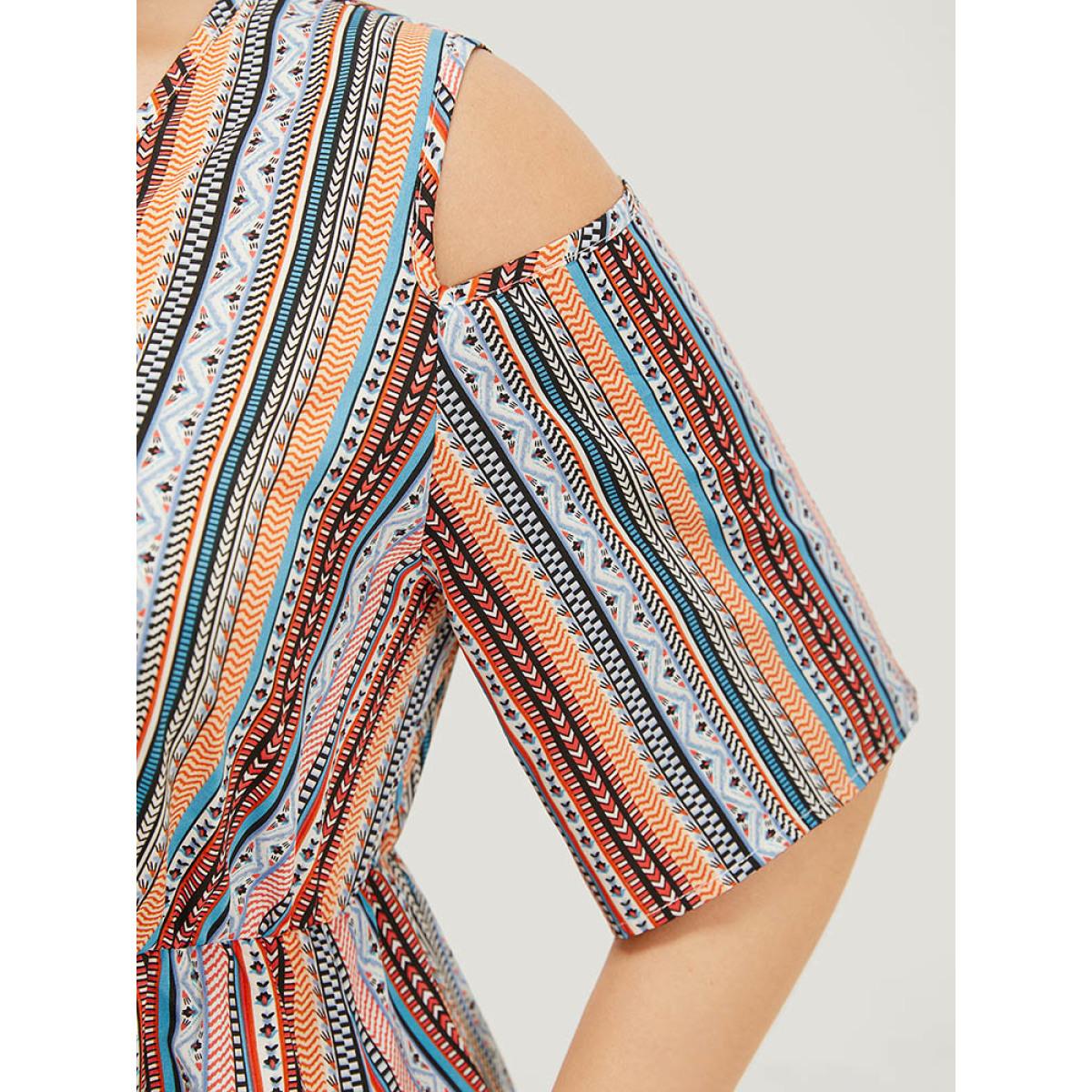 Plus Size Rainbow Striped Pocket Cold Shoulder Dress Multicolor Women Vacation V-neck Short sleeve Curvy Midi Dress BloomChic 14-16/1X Product Image