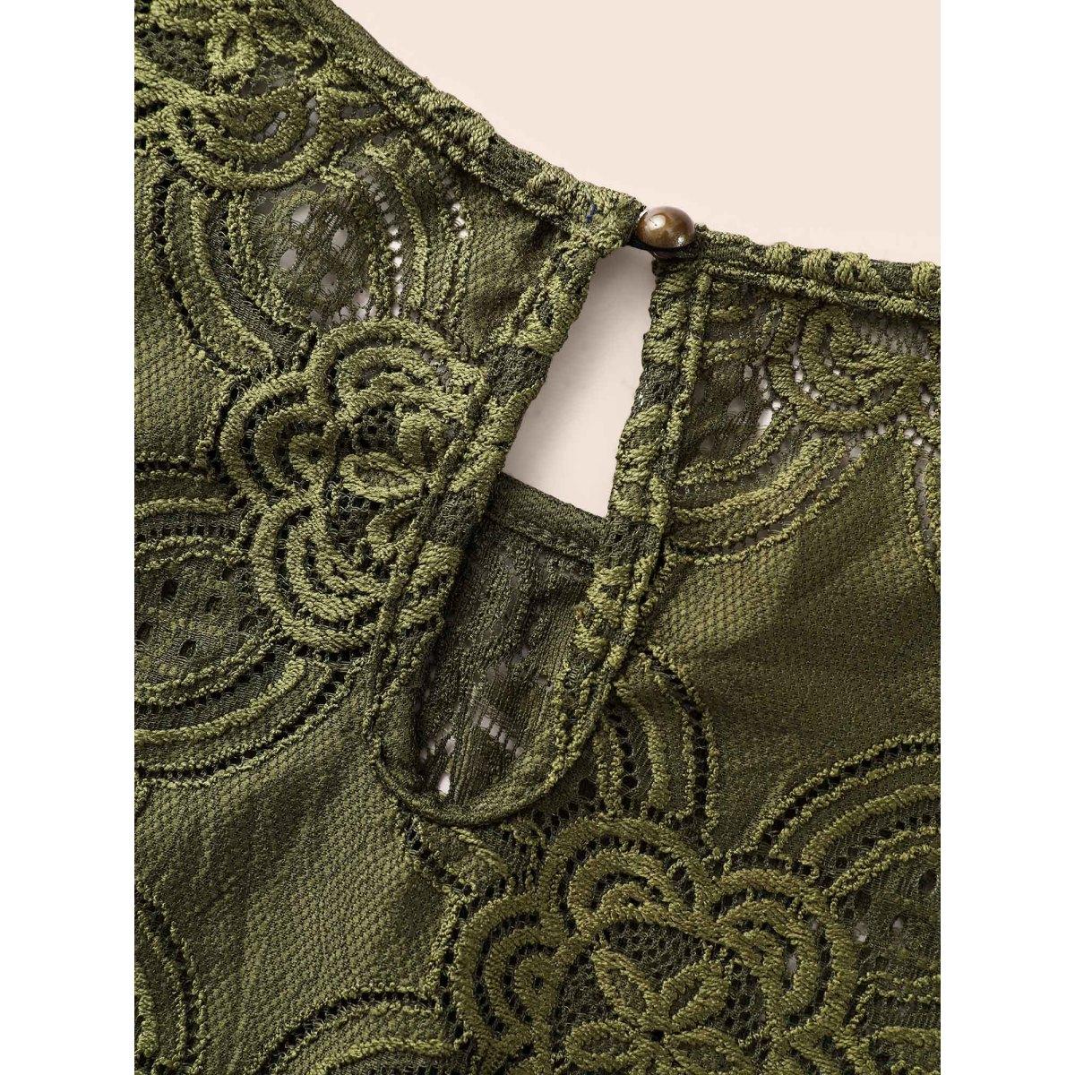 Plus Size Olive Crew Neck Crochet Lace Lantern Sleeve Blouse Women Elegant Elbow-length sleeve Round Neck Everyday Blouses BloomChic 26/4X Product Image