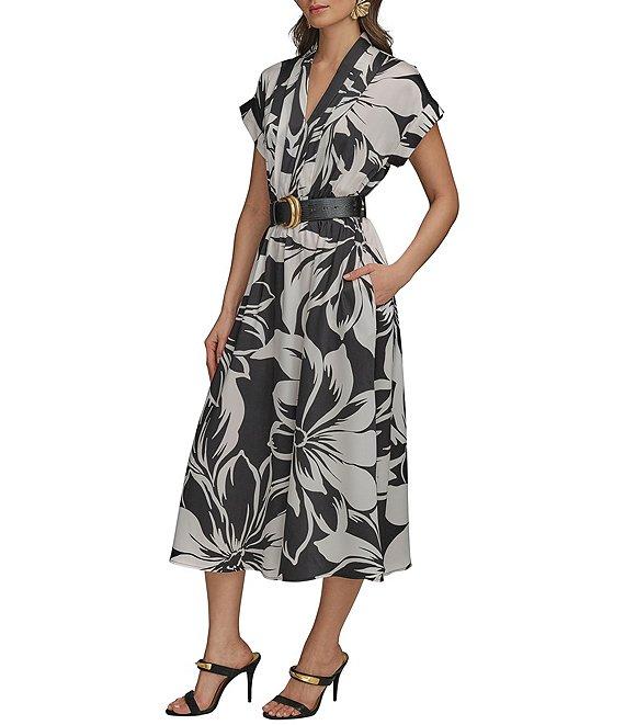 Donna Karan Twill V-Neck Belted Short Sleeve A-Line Floral Midi Dress Product Image