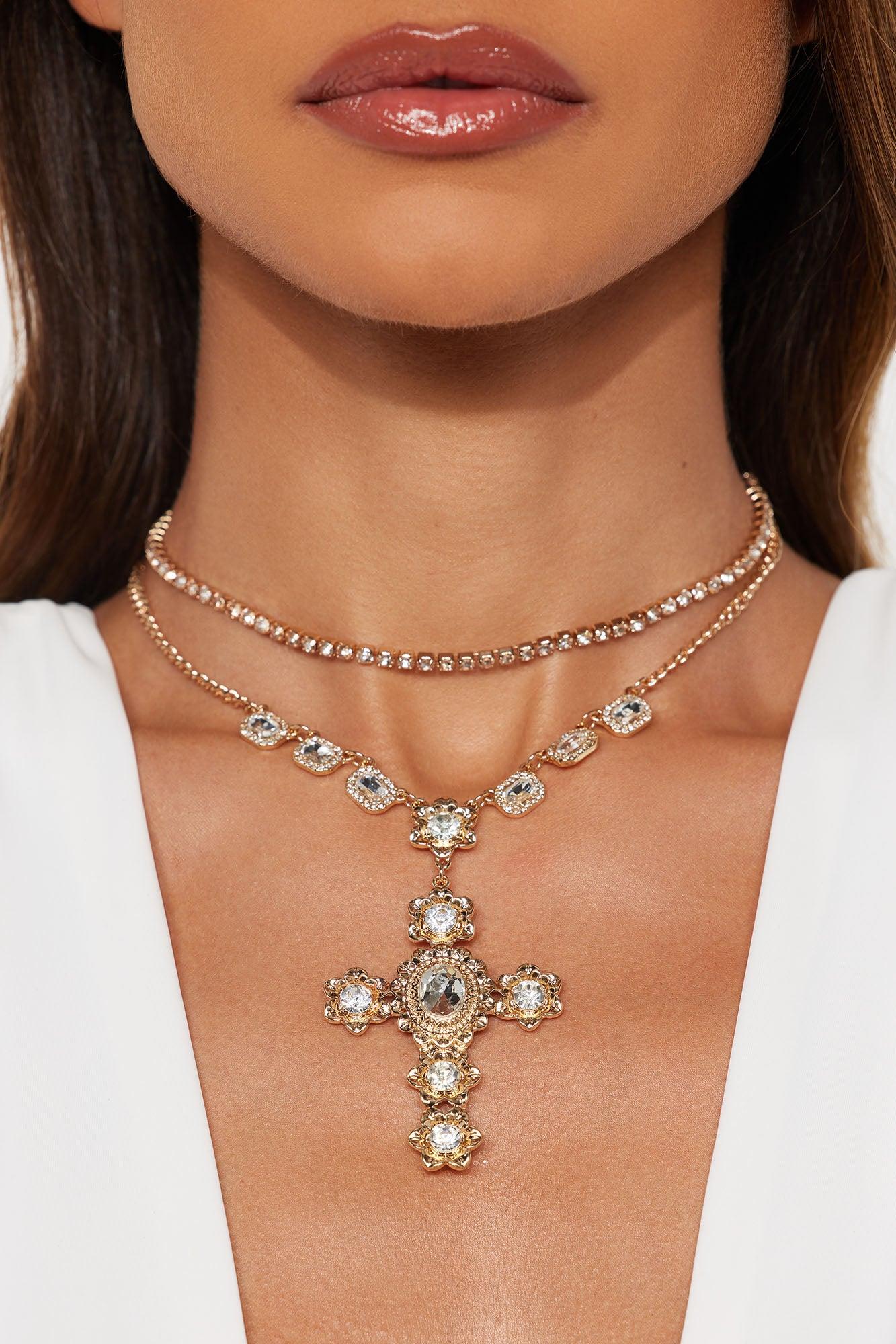 Crossover Me Layered Rhinestone 2 Piece Necklace Set - Gold Female Product Image