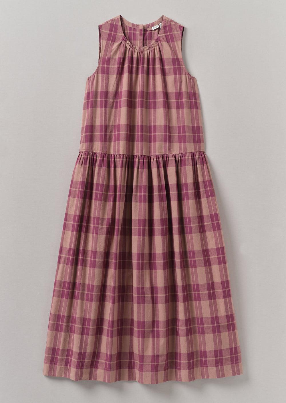 Check Cotton Gathered Waist Dress | Raspberry Product Image