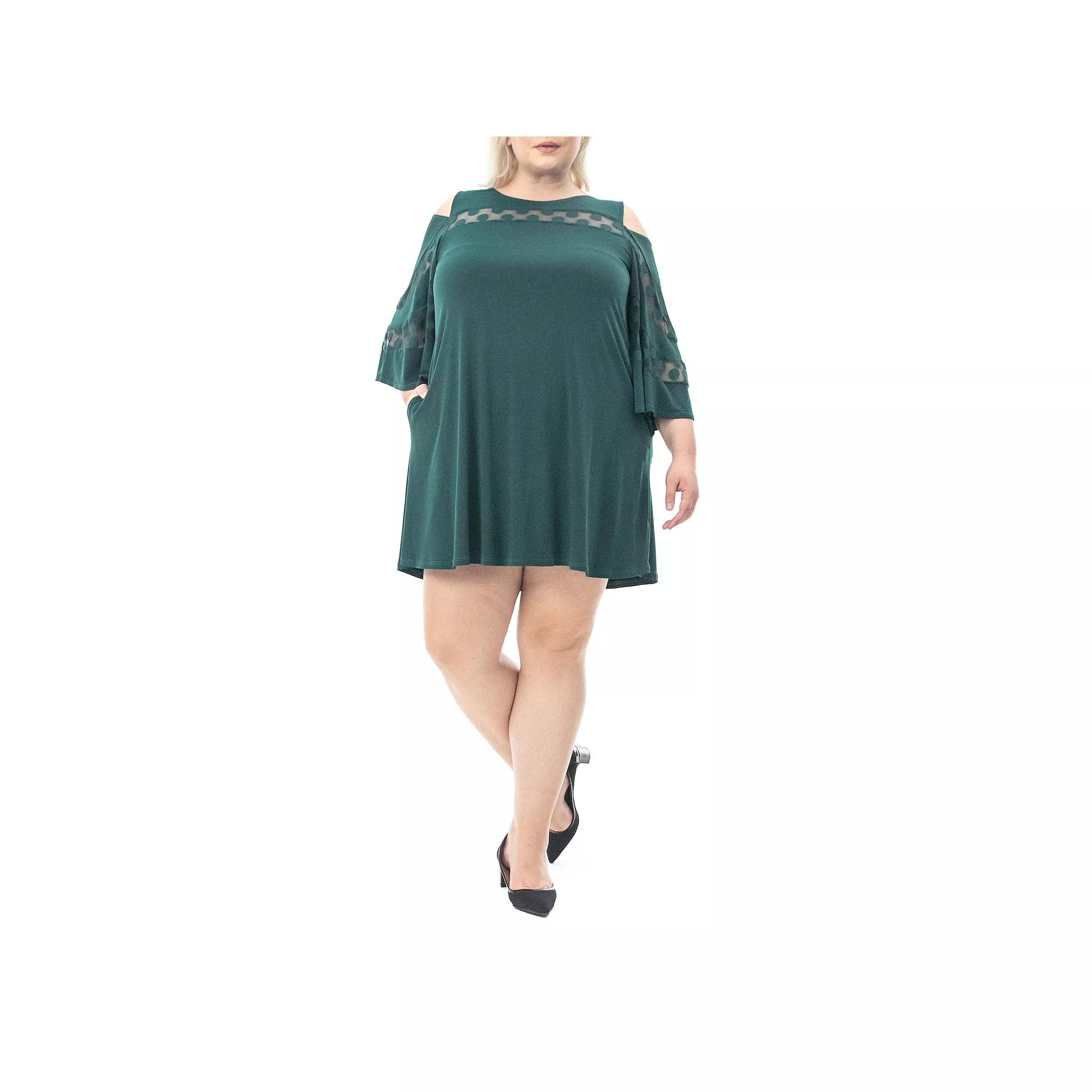 Plus Size Nina Leonard Mesh Yoke Cold-Shoulder Swing Dress, Women's, Size: 2XL, Rich Green Product Image